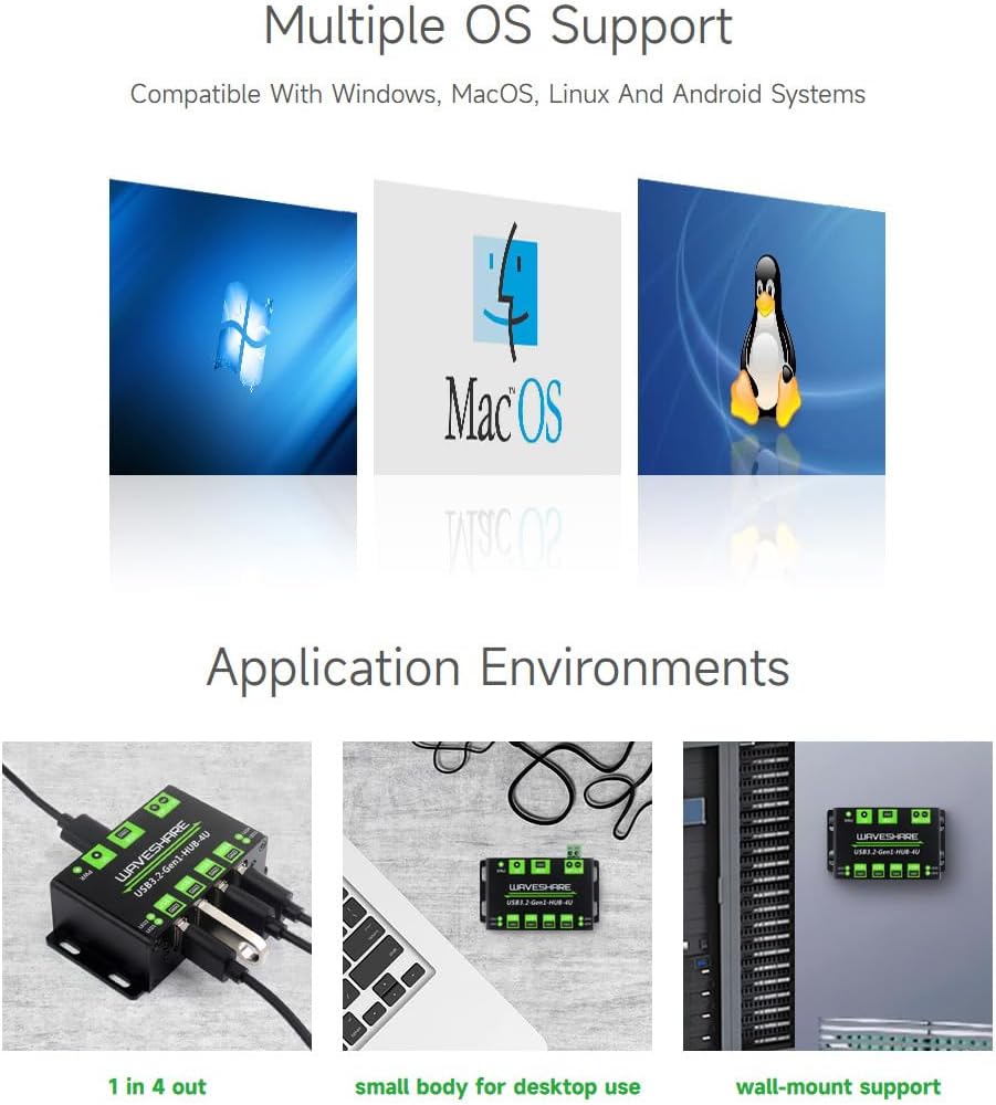 Waveshare 4-Ch USB 3.2 Gen1 HUB, Compatible with Windows, macOS, Linux and Android, Metal Case with Wall-Mount Support, Driver-Free, Plug-and-Play