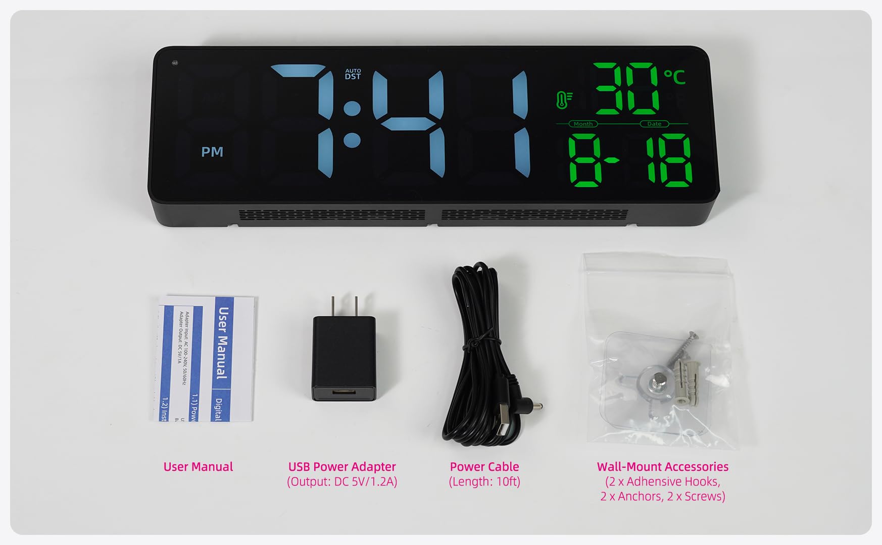Große LED-Digital-Wanduhr mit Datum, Temperatur, Auto-Helligkeit, Auto-DST | Große Digitaluhr für Schlafzimmer, Schreibtisch, Klassenzimmer, Wohnzimmer, Küche, Büro, Fitnessstudio, Bauernhaus