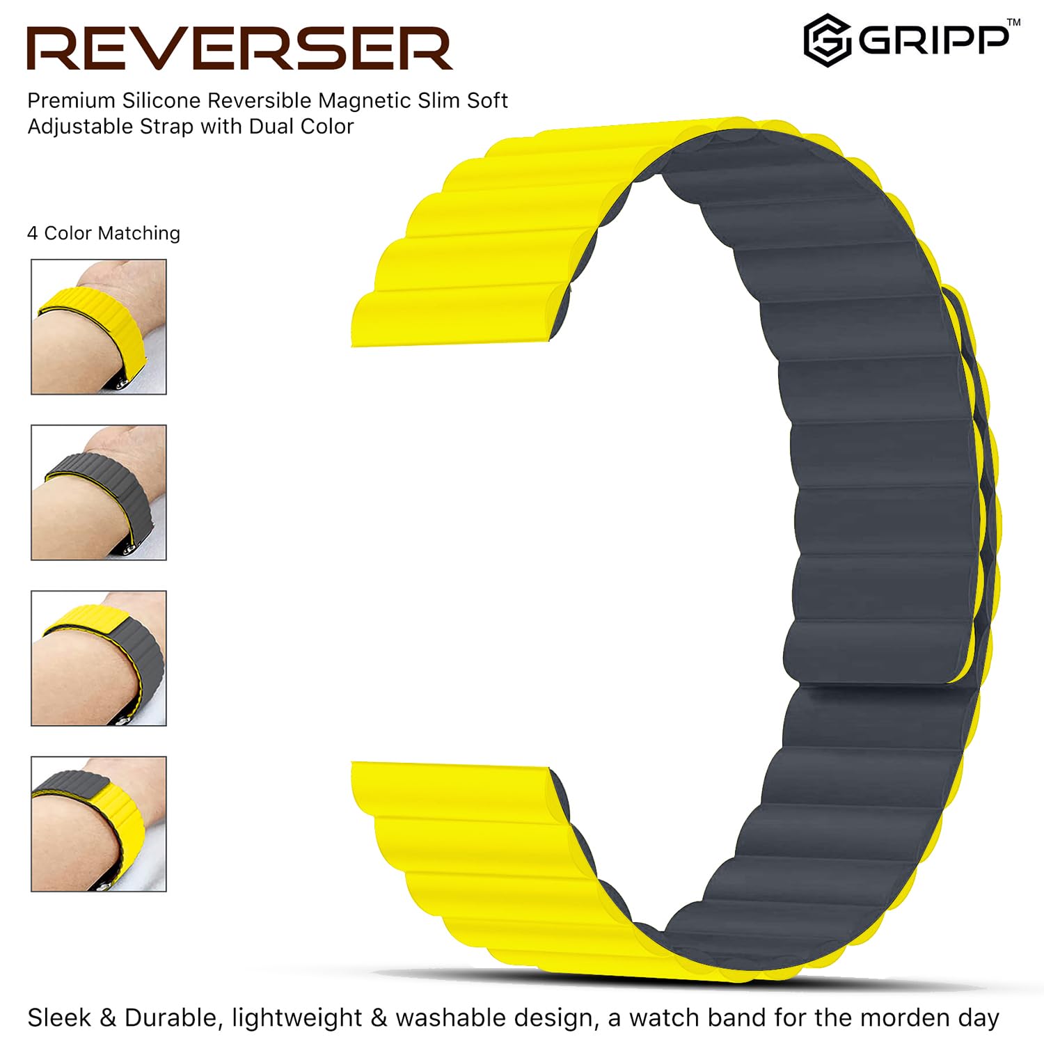GRIPP Reverser Premium Silicone Magnetic Watch Strap for 40mm/41mm/42mm, Watch Series 11/10/9/8/7/6/5/4/3/2/1, SE 3/2/1, Slim, Lightweight, Adjustable (Watch Not Included) - Grey/Yellow 1