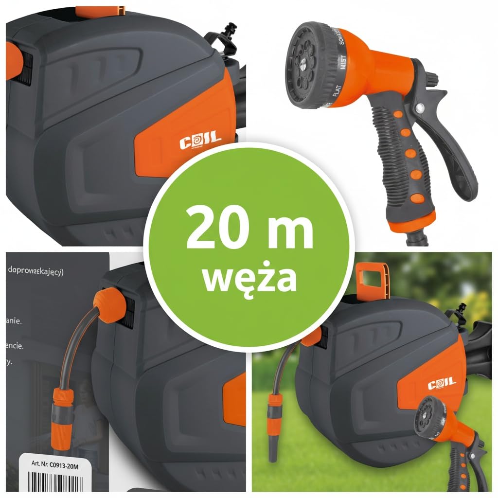 COIL Avvolgitubo da giardino, automatico, a parete, Smart Stop, 9 funzioni di spruzzo, con pistola a spruzzo inclusa, tubo di alimentazione da 2 m, 20 m