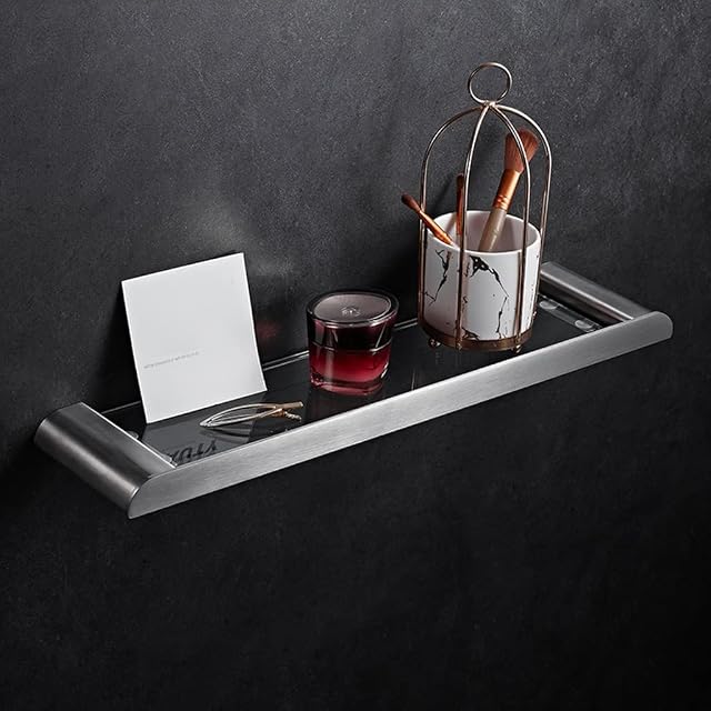 XYIANG Shower Caddy Bathroom Shelf Floating Shelves Brushed Mirror Front Single-Layer Glass Rack Shampoo Makeup Organizer Shelf Wall