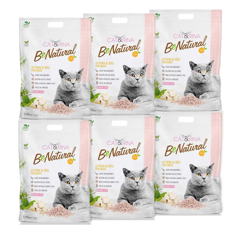 Cat&Rina lettiera per gatti al tofu da 5,5l. Lettiera gatto agglomerante vegetale. Fino a 30 giorni di utilizzo. Si smaltisce nell'organico o nel wc. Sabbia anti odore, Profumazione Pesca, 6 pezzi