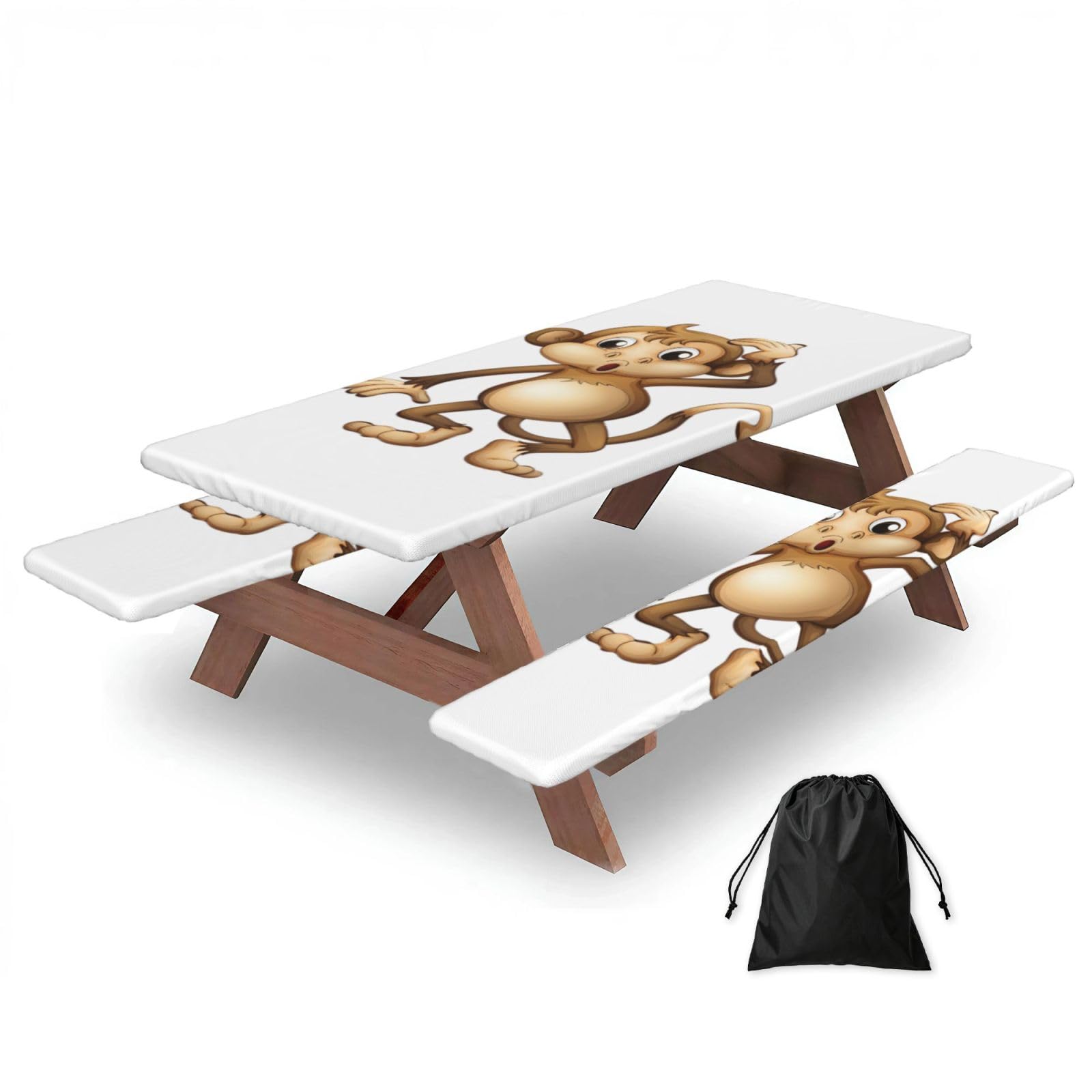 Duwaa Black Cute Monkey Print 183Cm Picnic Table Cover With Bench Covers, Waterproof Elastic Tablecloth Set For Outdoor