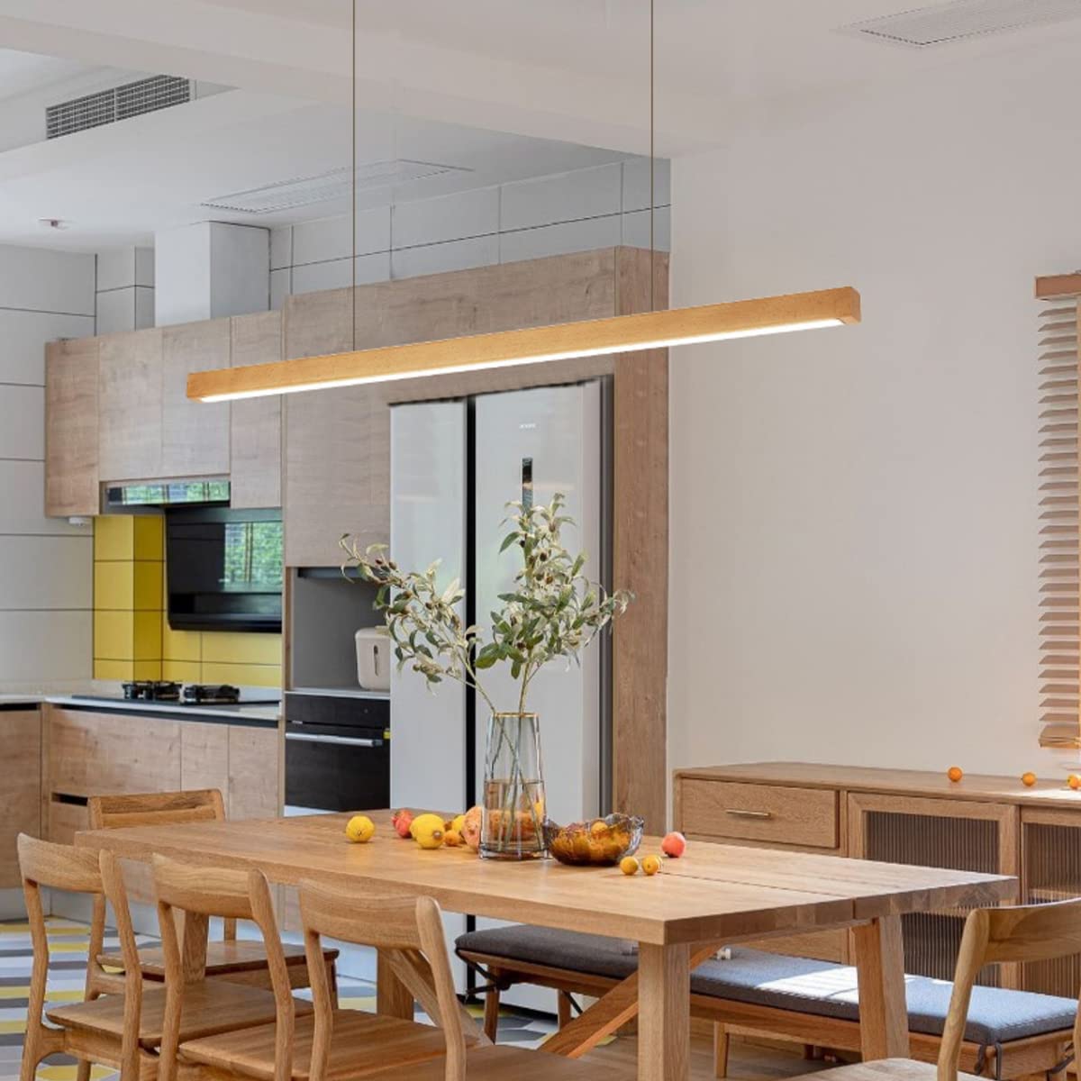 Lampa wisząca Drewniana lampa wisząca LED Nowoczesna, ściemniana lampa wisząca o liniowym kształcie z pilotem Lampa wisząca na stół do jadalni Regulowana wysokość Lampa biurowa do jadalni interesting