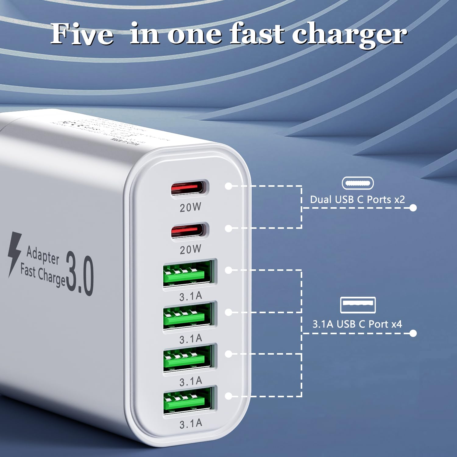 Lot de 2 chargeurs USB C, multi-ports, bloc de charge 52 W, 6 ports, chargeur rapide double PD, chargeur mural USB C de type C, adaptateur compatible avec iPhone 12/13/14/15/Samsung S24/S23/S22.