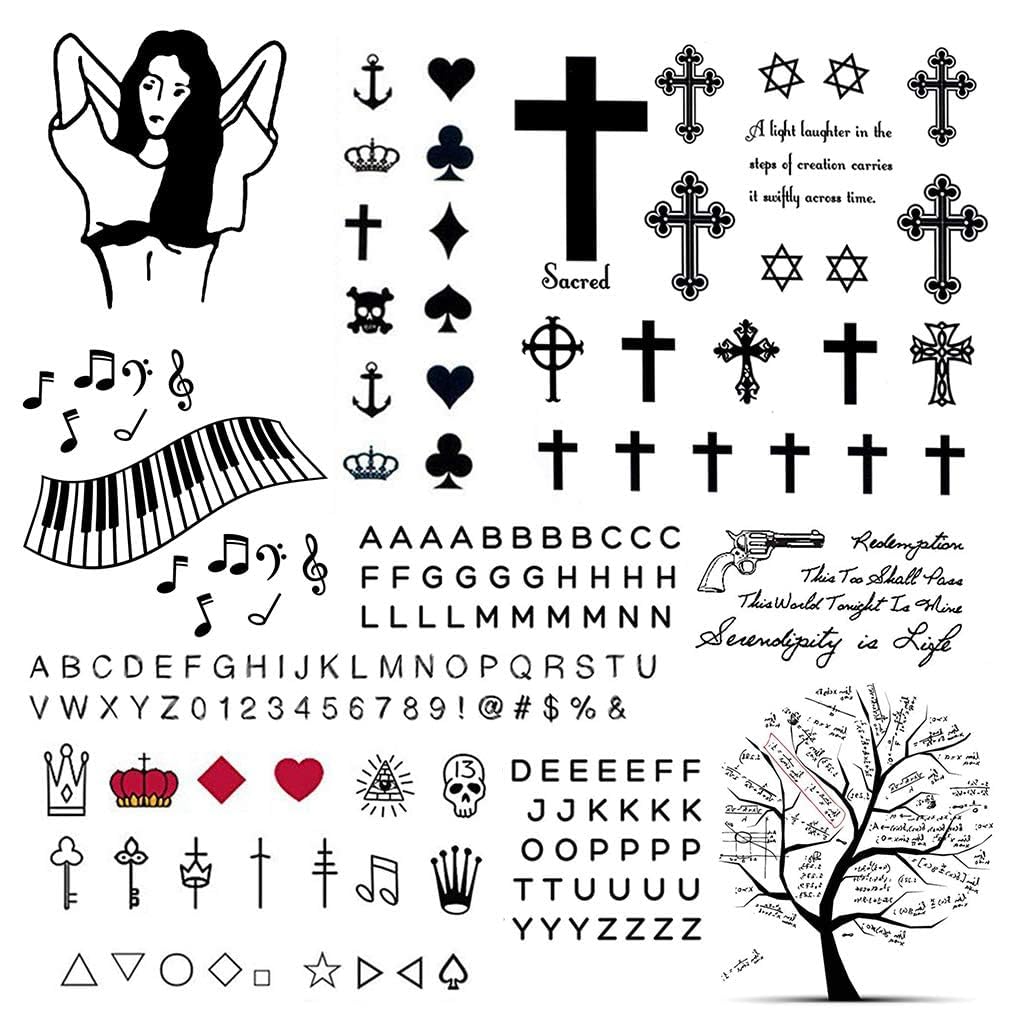 CARGEN Minimalist Realistic Temporary Tattoos - 2 Sheets 160+ PCS Alphabet Letter Literature Script Cross Crown Temporary Tattoos Fake Tattoos Great for Adults Women Men Kids on Fingers