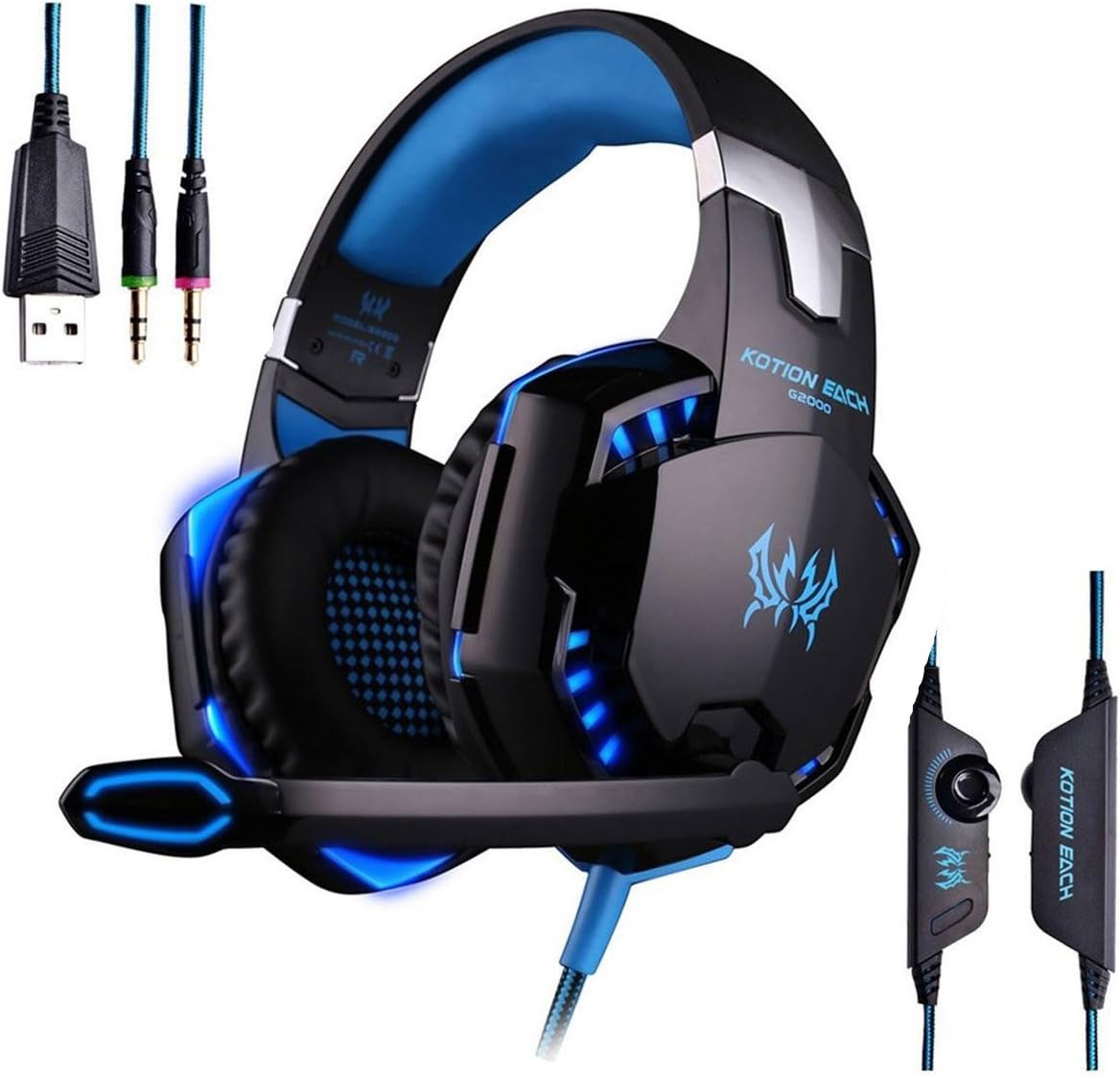 AWON Gaming Headset with Mic for PC,PS4,Xbox One,Over-Ear Headphones with Volume Control LED Light Cool Style Stereo,Noise Reduction for Laptops,Smartphone,Computer (Blue)