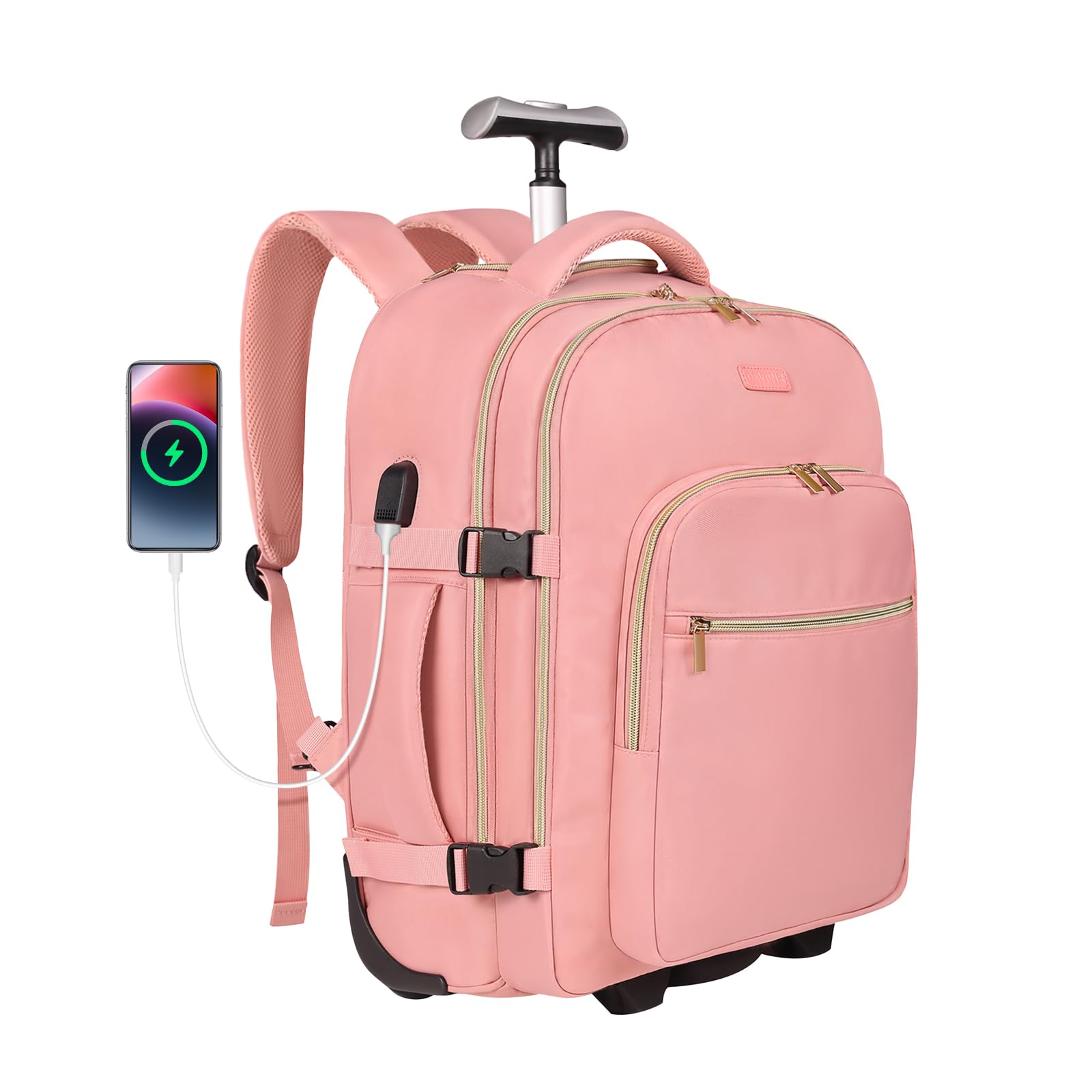 DEVPNR Rolling Backpack for Women, 17Inch on Laptop Travel Backpack with Wheels, Carry on Luggage Airplane, Overnight Business Trolley Backpack Bag (