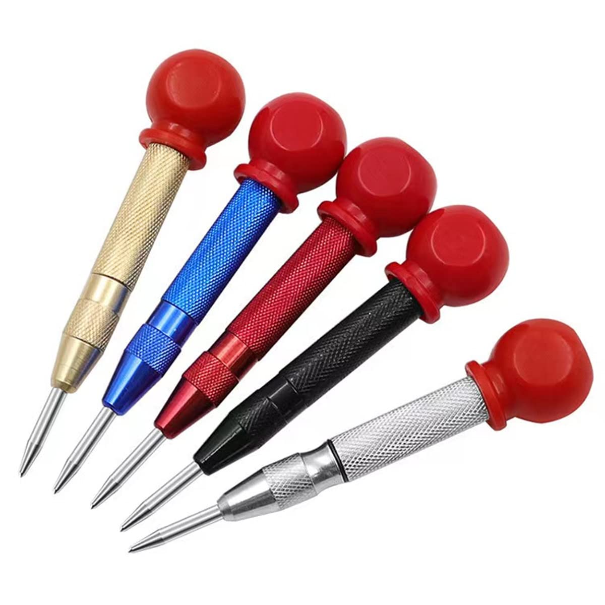 Szliyands 5Pieces Automatic Center Punch 5 Inch Center Hole Punch Adjustable Spring Loaded Metal Drill Tool for Wood, Metal, Plastic with Cushion Cap