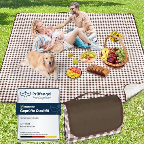 Anyiner Picknickdecke 200x200 cm, Sandfest Stranddecke Wasserdicht Campingdecke, Waschbar Leichtgewicht mit Tragegriff, Ideal für Outdoor, Camping, Strand & Familienpicknick (Braun Kariert)
