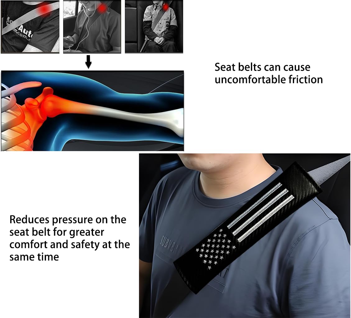 2 fundas para cinturón de seguridad de coche, almohadillas para los hombros para la bandera de Estados Unidos, almohadillas de fibra de carbono para cinturón de seguridad, decoración de bandera