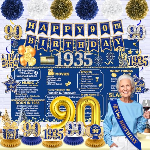 Image of 90th Birthday Decorations for Men Women Navy Blue Gold Vintage Back in 1935 Banner Happy 90th Birthday Honeycomb Centerpiece Hanging Swirls Sash Paper Pompoms Decor for Cheers to 90 Years Old Supplies