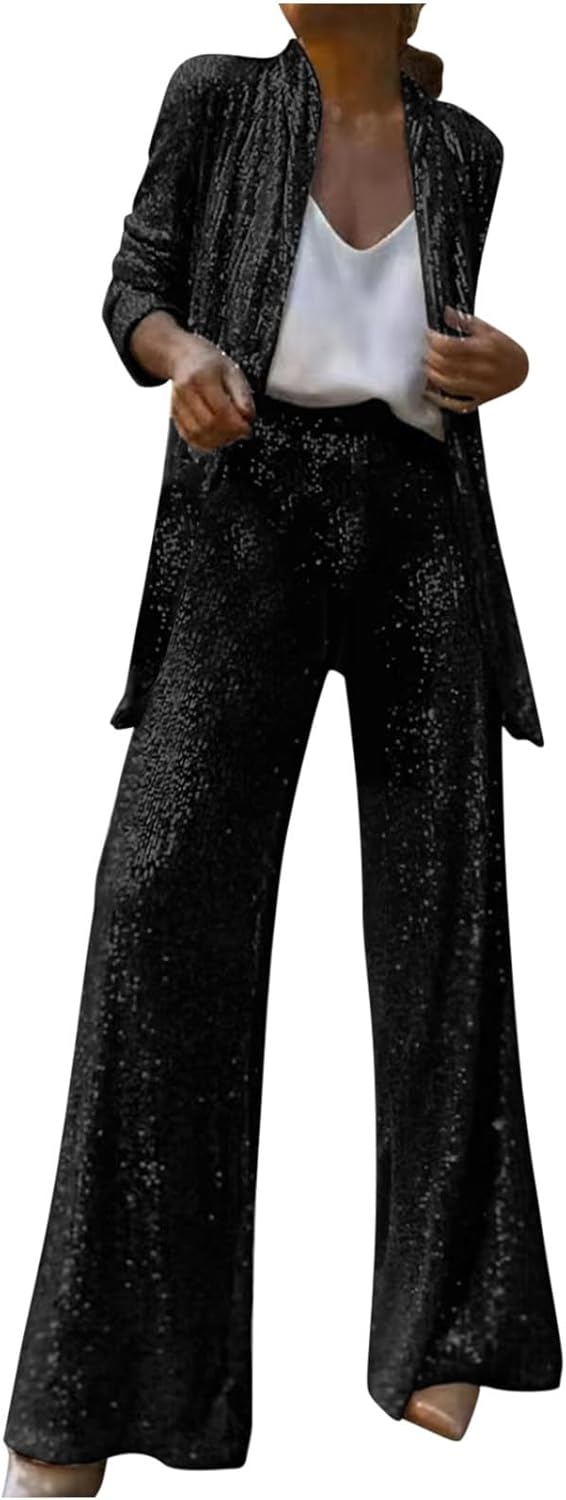 Women's Glitter 2 Piece Outfits Long Sleeve Open Front Sparkly Blazer Cardigan and Wide Leg Pants Set Party