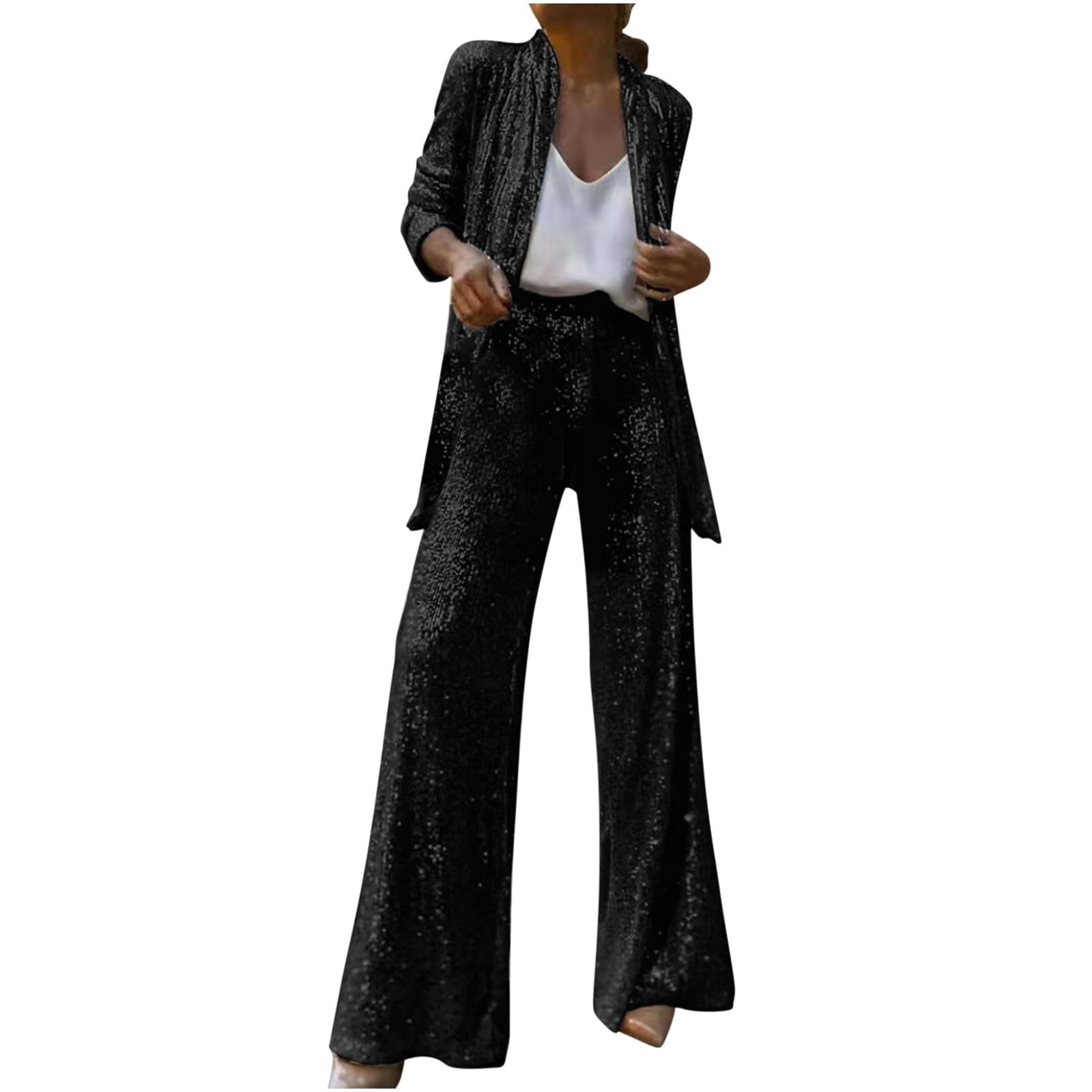 Conjunto de 2 piezas de lentejuelas brillantes para mujer, blazer de manga larga y pantalones de cintura alta, elegante conjunto de fiesta de noche