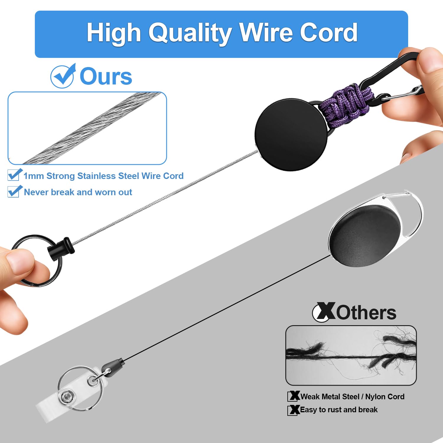 Retractable Keychain 3 Pack Heavy Duty Carabiner Badge Holder Extendable Badge Reel ID Holder Key Ring with 60 cm Steel Retractable Cord and Paracord