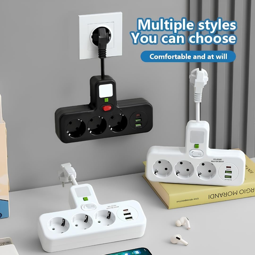 Jouis Akım Korumalı Priz Çoklayıcı Gece Lambalı - 2500W Grup Uzatma Prizi, 3 EU Priz Girişi ve 2 Akıllı USB ve 1 Type-C Portu, Seramik Korumalı Masaüstü Şarj İstasyonu