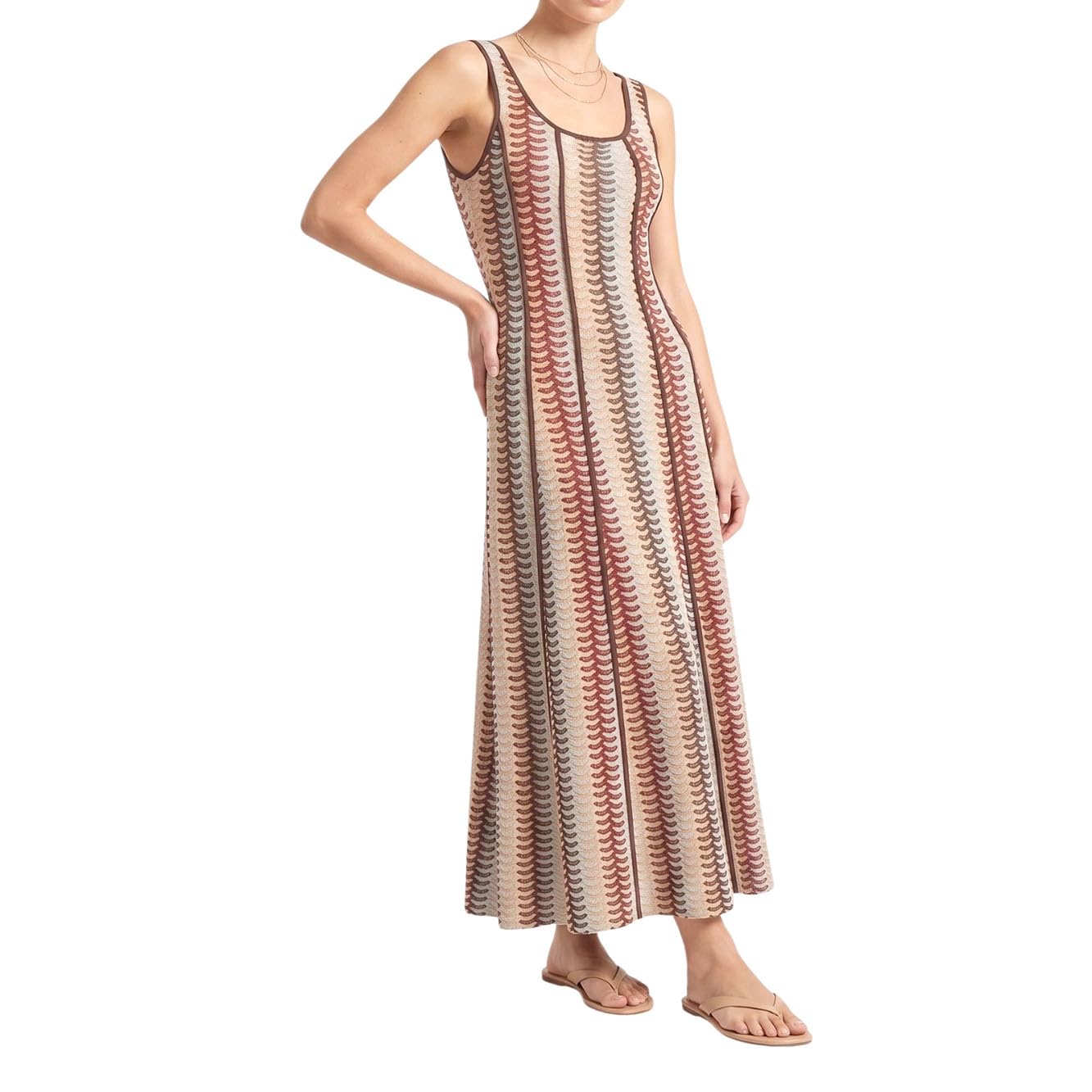 MODELISA - Vestido Largo de Punto para Mujer, Maxi Vestido Playero de Tirantes con Estampado Étnico Ondulado Casual de Verano