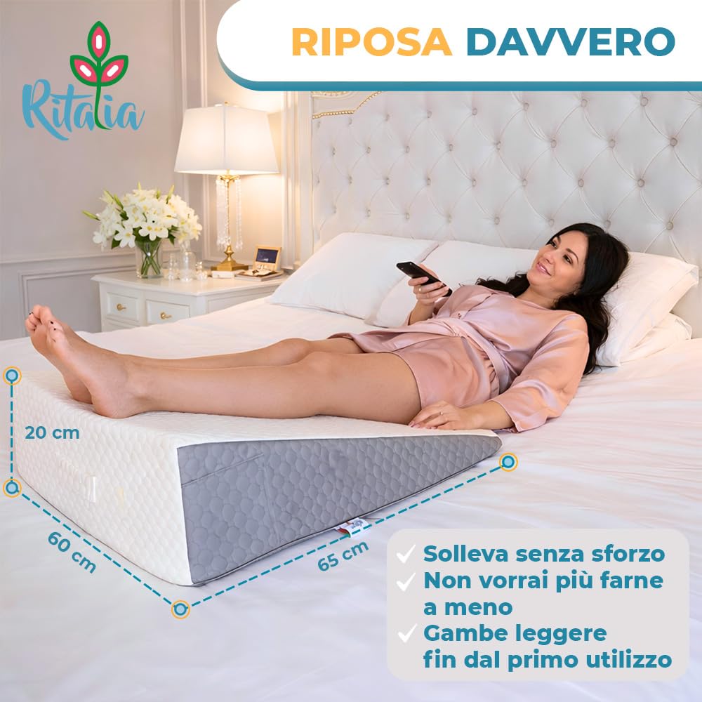Ritalia Cuscino Anti-Reflusso 65x60x20 cm con Schiuma Memory per Letto, Alzapiedi Materasso Adulti, Cuscino per Lettura e Schienale Letto Triangolare.