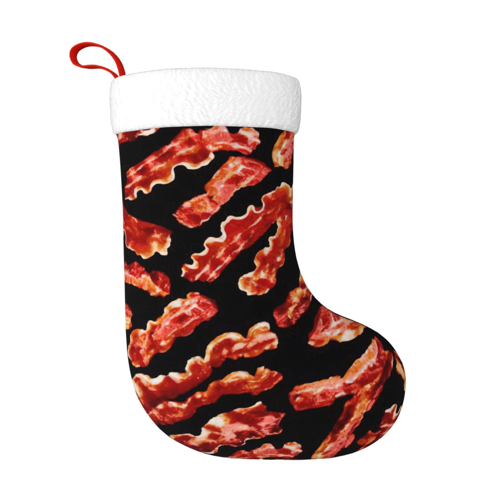 Flghjnbjn Black Bacon Pattern Plush Christmas Stocking, Large Festive Hanging Ornament For Tree, 45Cm Polyester Style Holiday Decor