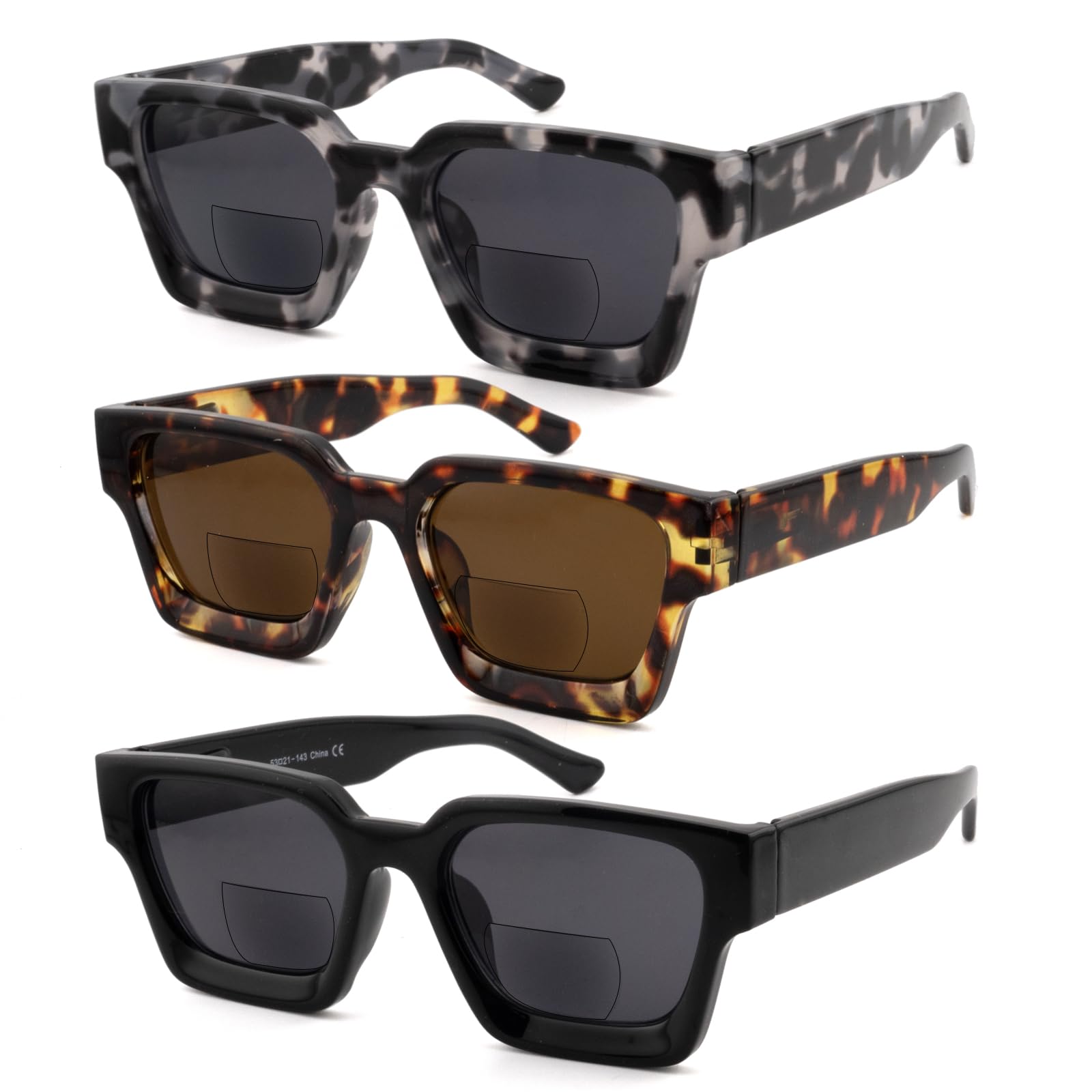 SOPHILY 3 Pack Bifocal Reading Sunglasses for Women Men Thick Arm Chic Preppy Look Large Big Frame Sun Readers Bi-focal