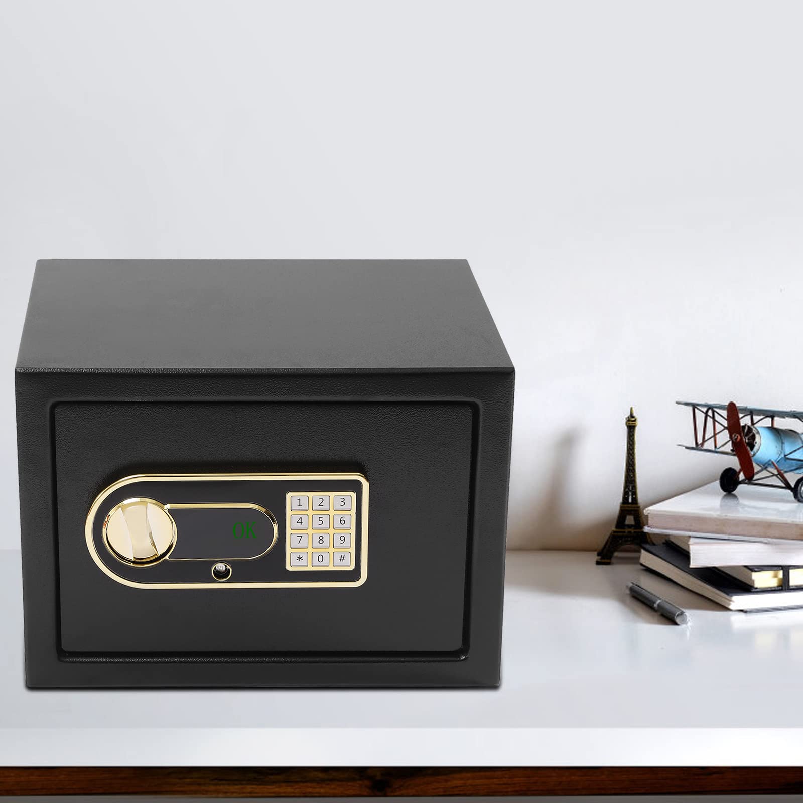 Coffre-fort de 22 l - Ignifuge - Étanche - Avec compartiment d'argent - Grand coffre-fort avec armoire intérieure - Pour armoires, études, caisses enregistreuses, bureaux, noir et doré