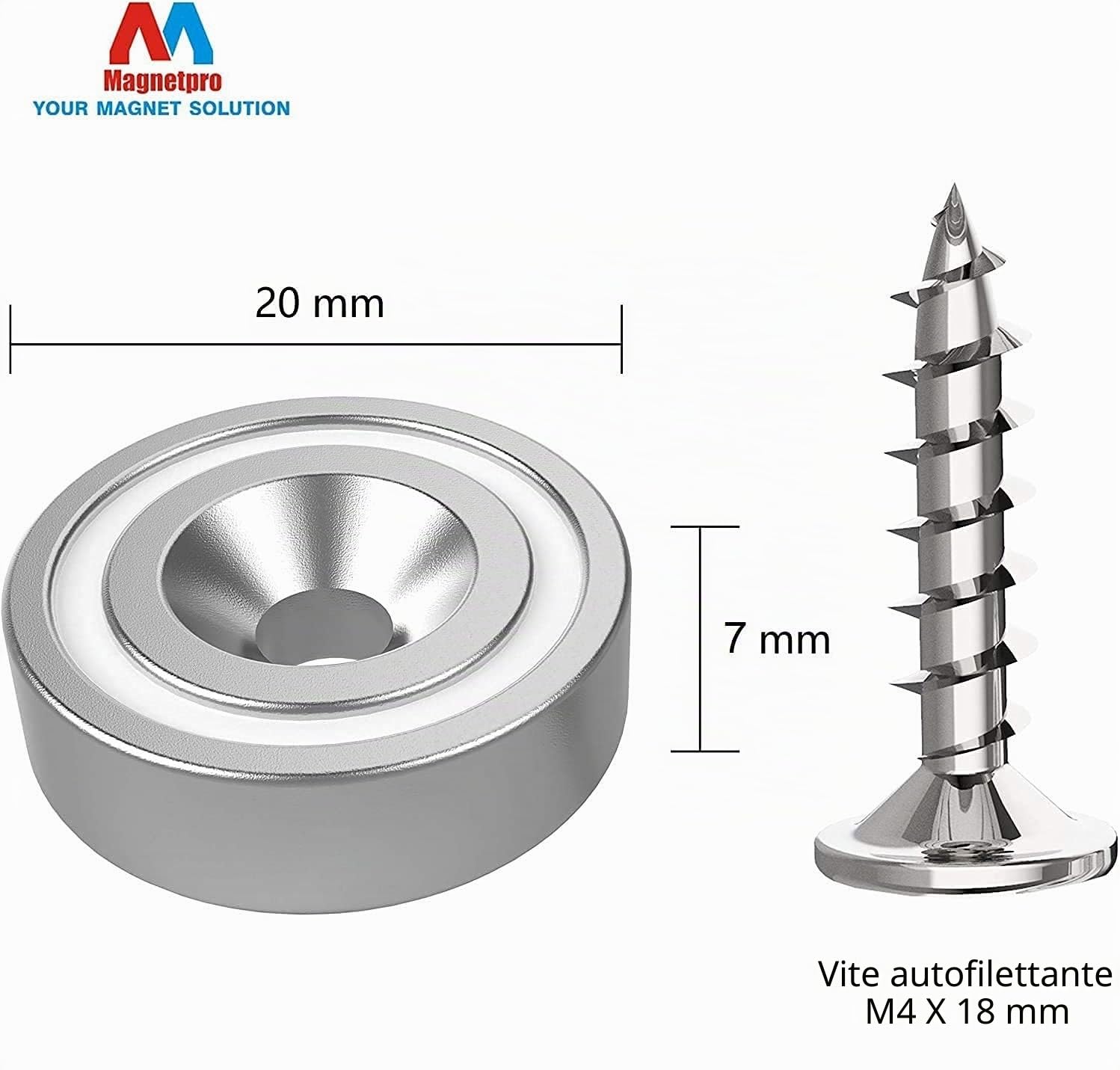 Magnetpro 12 pezzi magneti 10 KG forza 20 x 7 mm con foro e capsula, magnete al neodimio con base in acciaio svasato con viti e 12 cuscini in acciaio (Argento Brillante)
