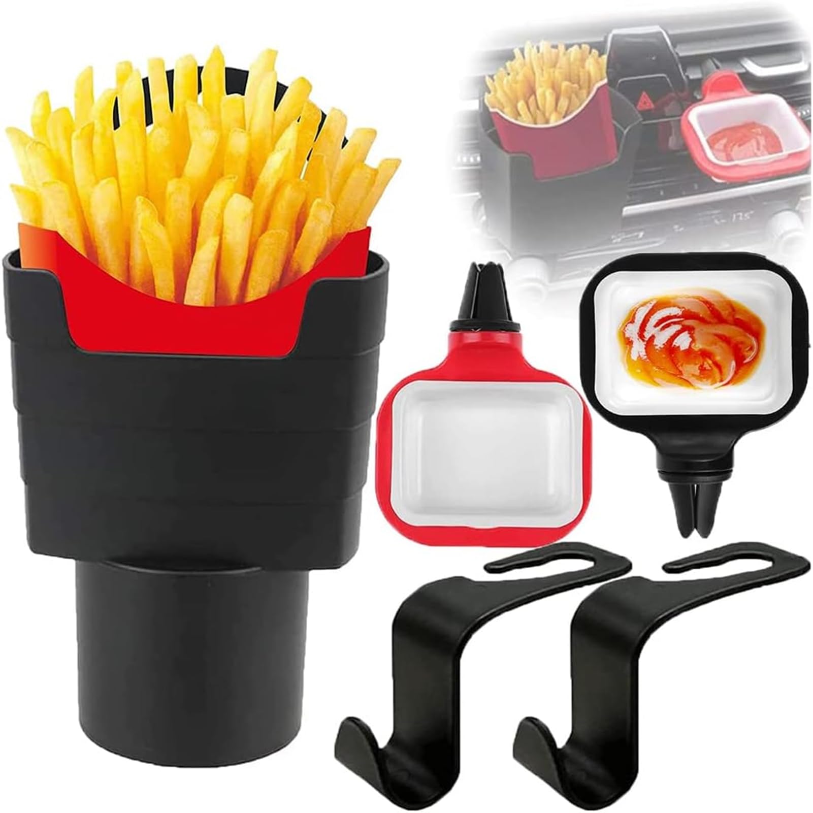 Car Dipping Sauce Holder, 2pcs Dip Clip In-Car Sauce Cup Holder and 1Pcs Car Fries Cup Holder with 2Pcs Car Headrest Hooks Car Automotive Interior Accessories for Sauce Lovers