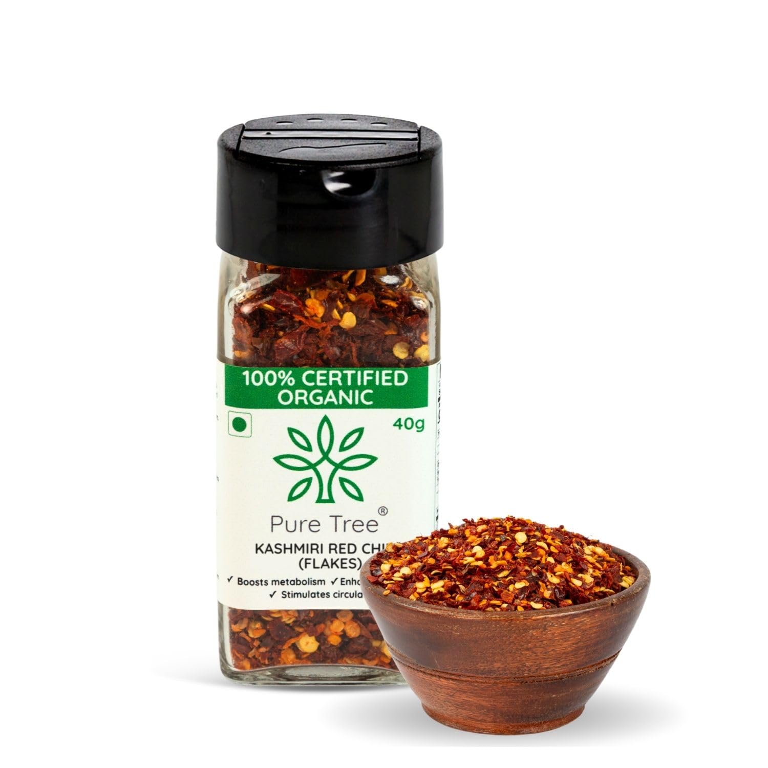 Pure Tree Certified Organic Kashmiri Red Chilli Flakes|Glass Jar|Crushed Red Pepper Flakes|Organic Red Pepper Flakes Chili for Seasoning for Pizza & Salad|Dry Kashmiri Red Chilli Flakes,40 gram