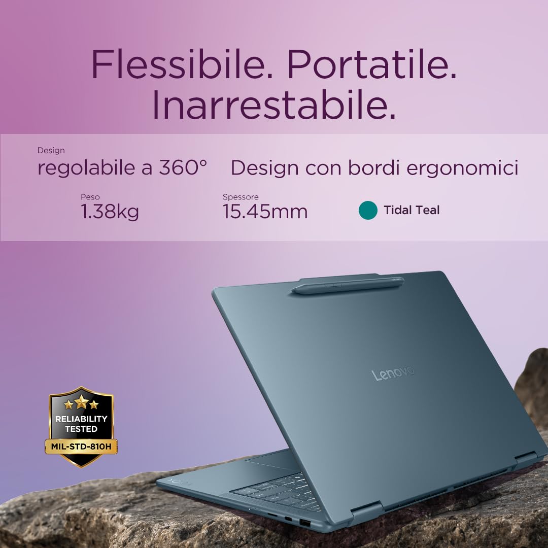 Lenovo Yoga 7 (2 in 1) Notebook Copilot+ PC Convertibile Touch 14” OLED WUXGA (1920x1200), AMD Ryzen AI 7 350, RAM 16 GB, 512 GB, 60 Hz, Windows 11 Home, WiFi 7 - Tidal Teal