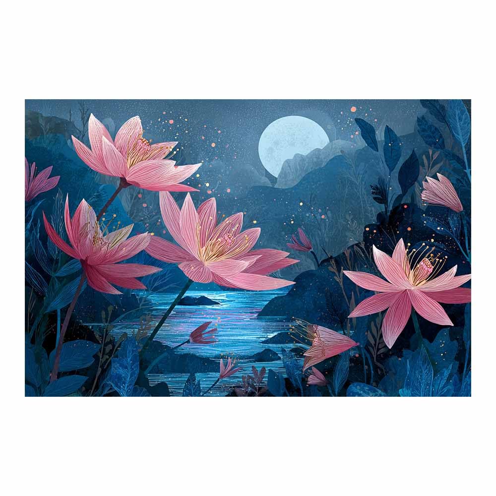 Hoqiu Multicolor Flower Wall Art Canvas Night Lotuses Pond Print Artwork, Wall Decoration Living Room Bedroom Hallway Stairs Decoration.(Multicolor)-80X120cm Unframed
