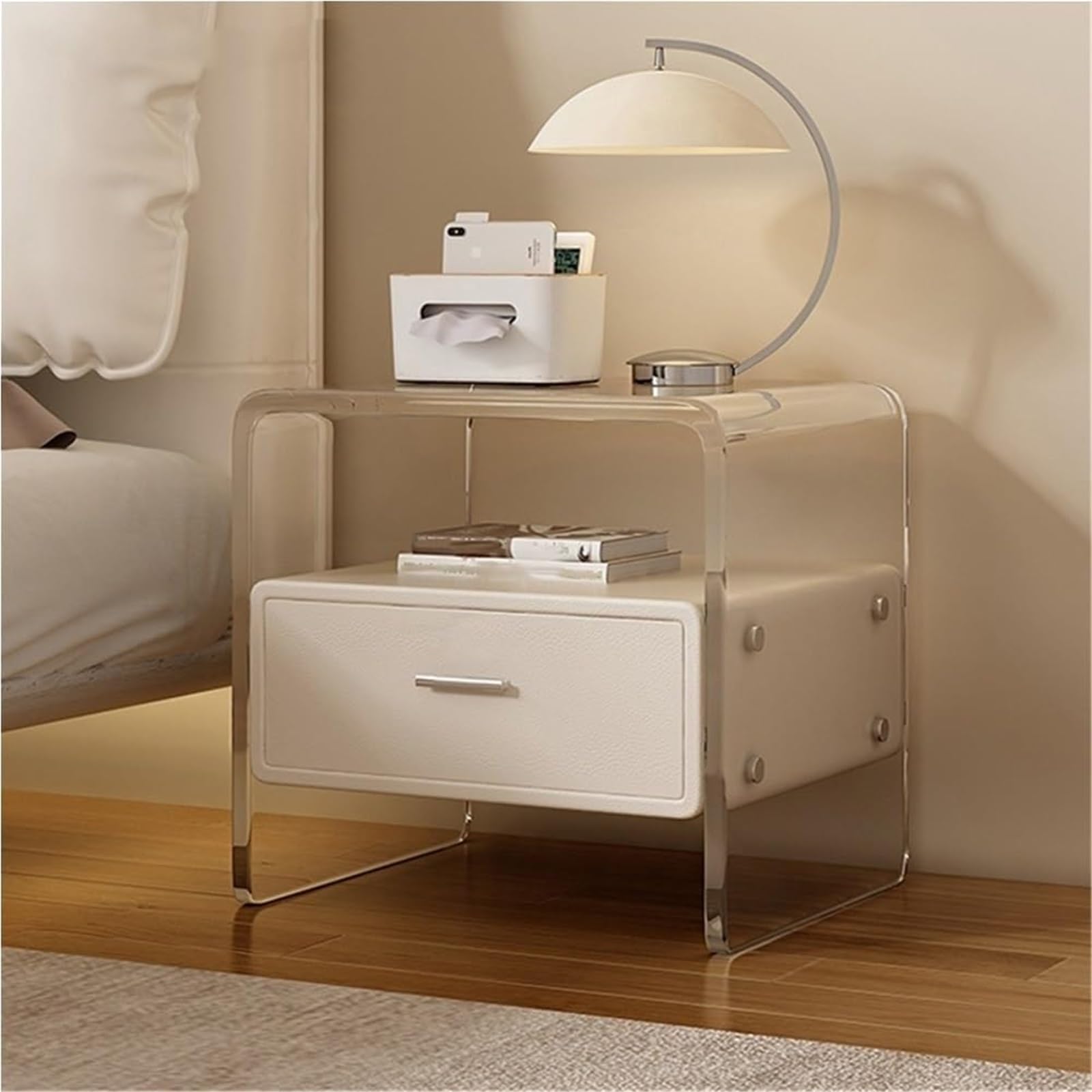SXZenSpace Minimalist Acrylic Nightstand with Leather Drawer Multifunctional End Table Storage Side for Living Room,Ideal Room