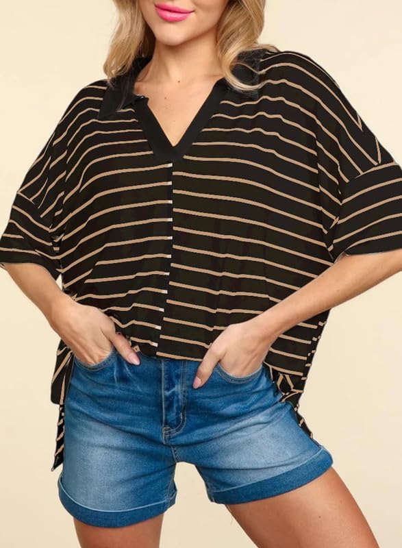 Dokotoo Tops for Women Striped 2025 Fashion Oversized T Shirts for Women Color Block Polo Shirts Basic Tee - Image 4