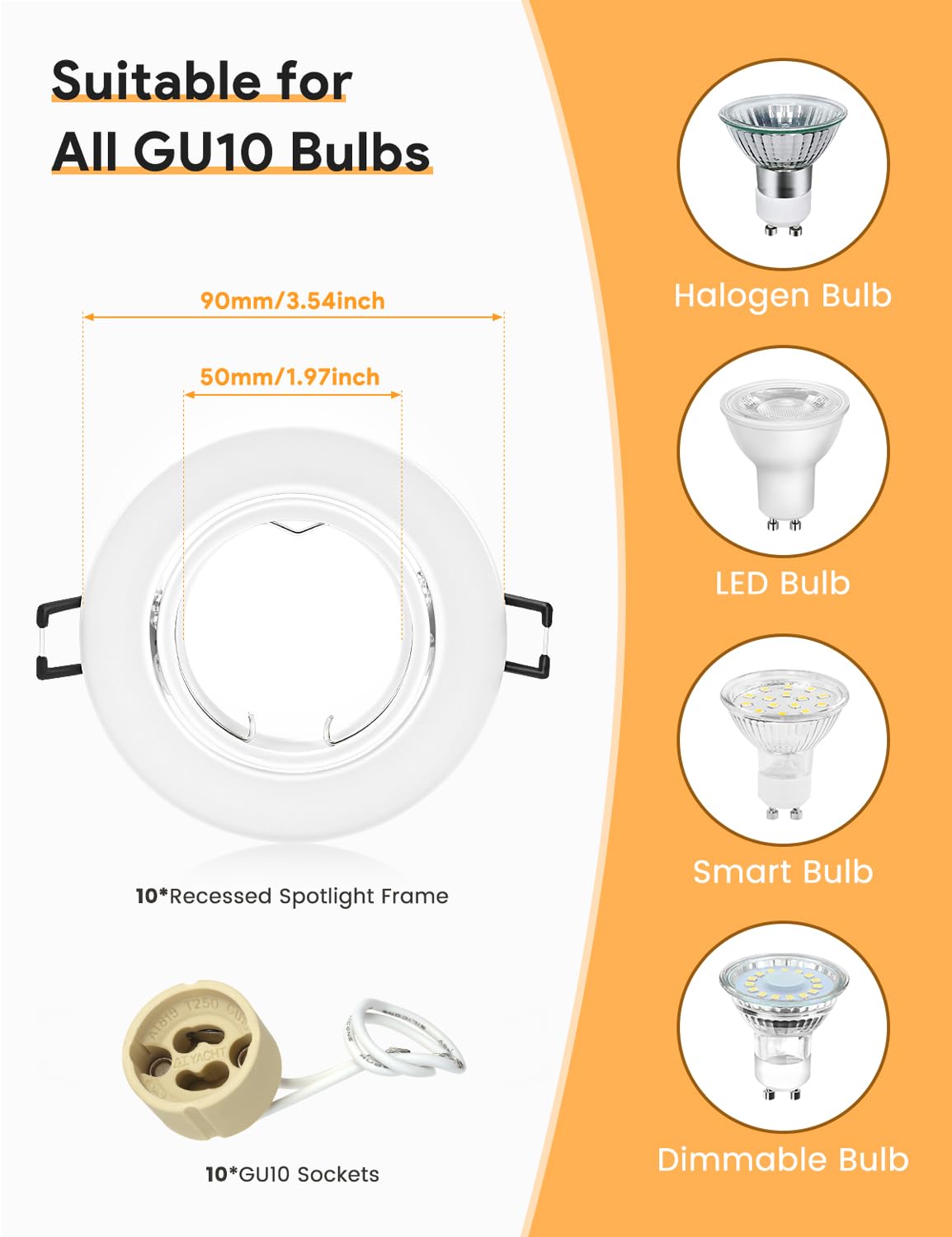 Set de Spots Encastrables GU10, Lot de 10 Cadres Ronds Blancs, Avec Douille Céramique, Pour LED, AC 230V Ø 68mm, Orientable 30°, Cadre de Montage Pour Plafond