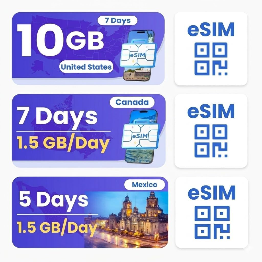 eSIM Bundle for International Travel, Canada, USA, Mexico Esim Travel, 4G/5G Speed, Hotspot Supported, Instant Activation in 10 Minutes
