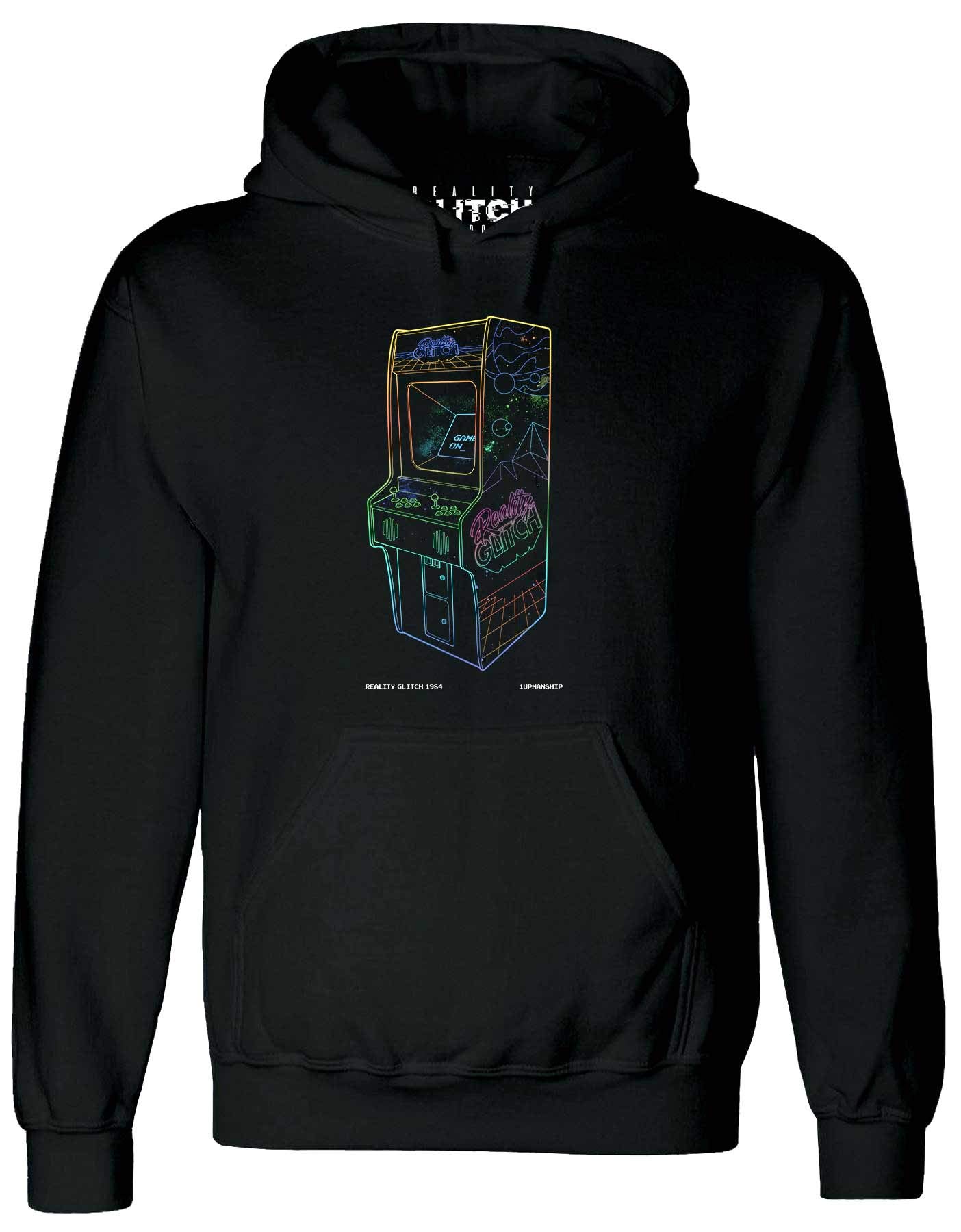 Reality Glitch Men's Black 1 Up Neon Retro Arcade Hoodie