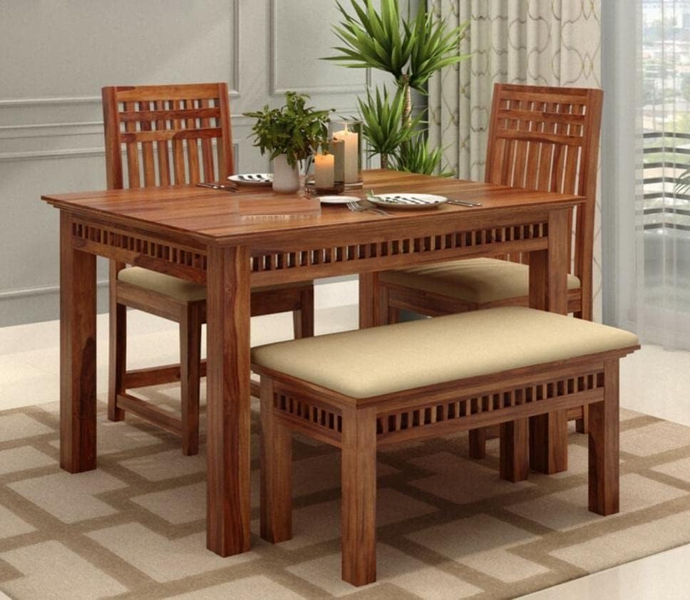 Image of Solid Sheesham Wood 4 Seater Dining Table Set | Multipurpose Modern Dining Room Set with 2 Cushioned Chairs and 1 Bench for Home Livingroom Dining Room Hall Office and Hotel (Honey Finish)