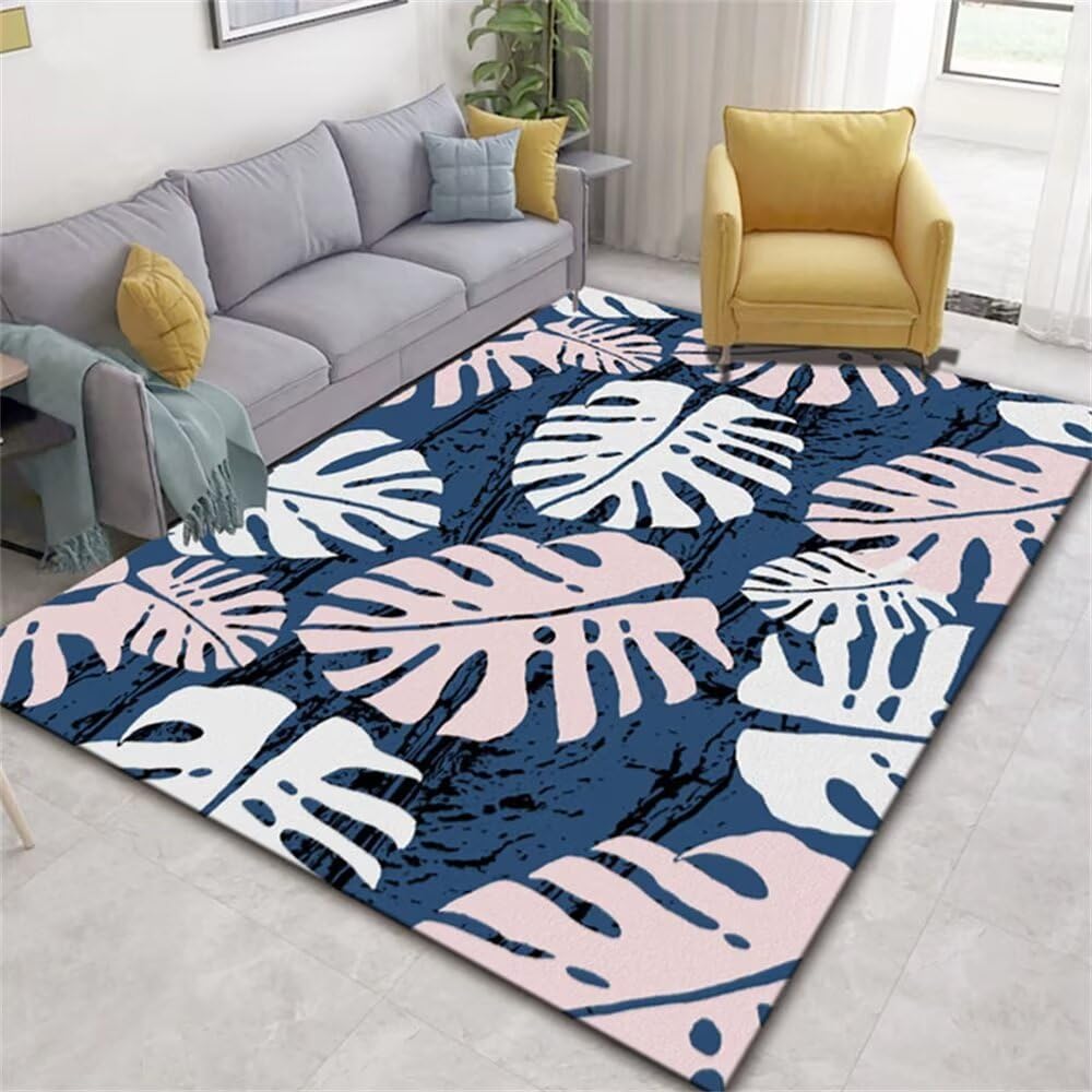 Tapis de salon bleu à motif feuilles en velours cristal lavable 60x90cm