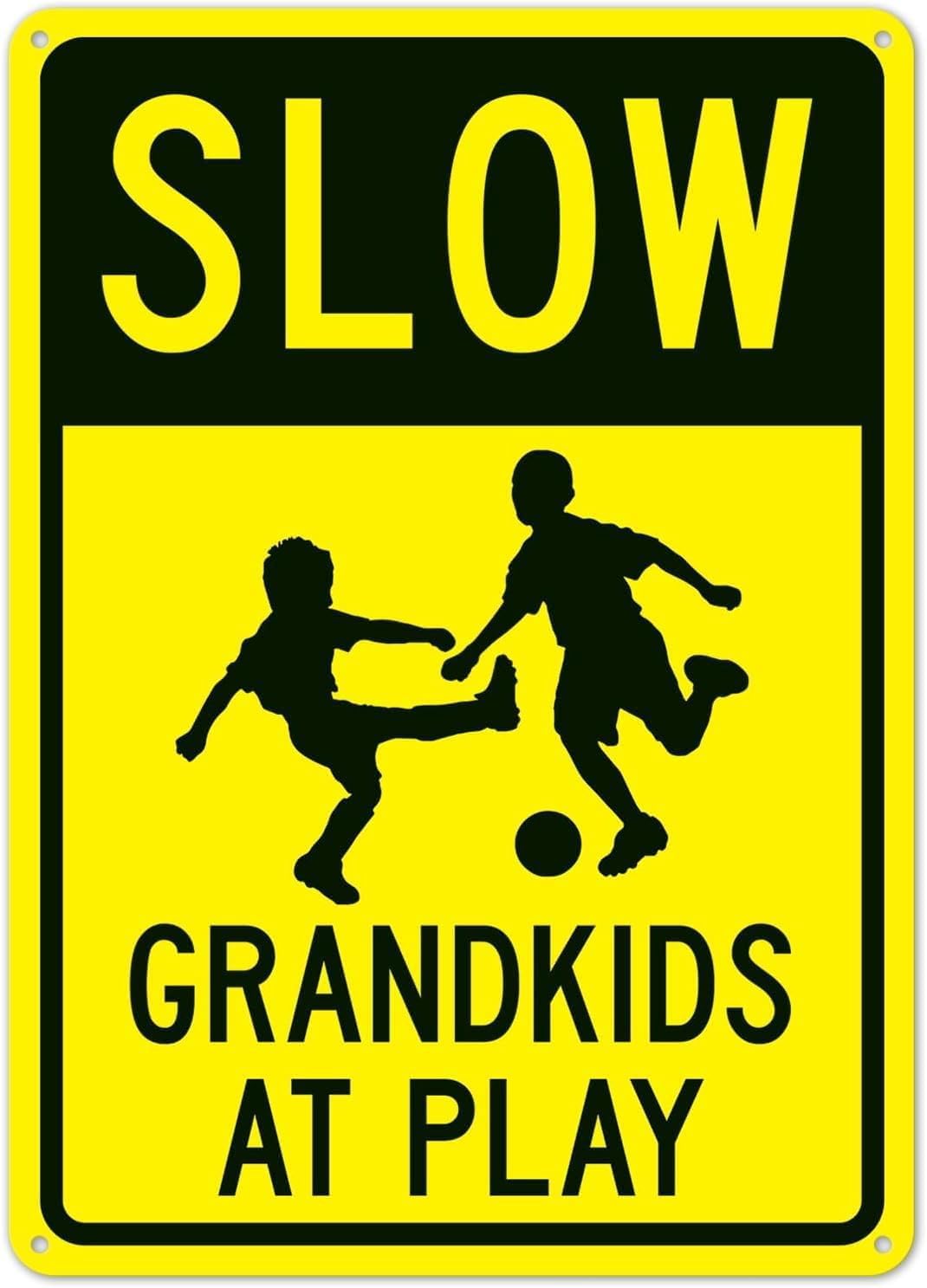 (2-Pack) Metal Tin Sign Slow GrandAt Play Sign 8x12 Inch Traffic Caution Plaque for Residential Neighborhood Driveway Home Yard Outdoor Indoor Wall Decor Driver Alert Display for Suburban Community