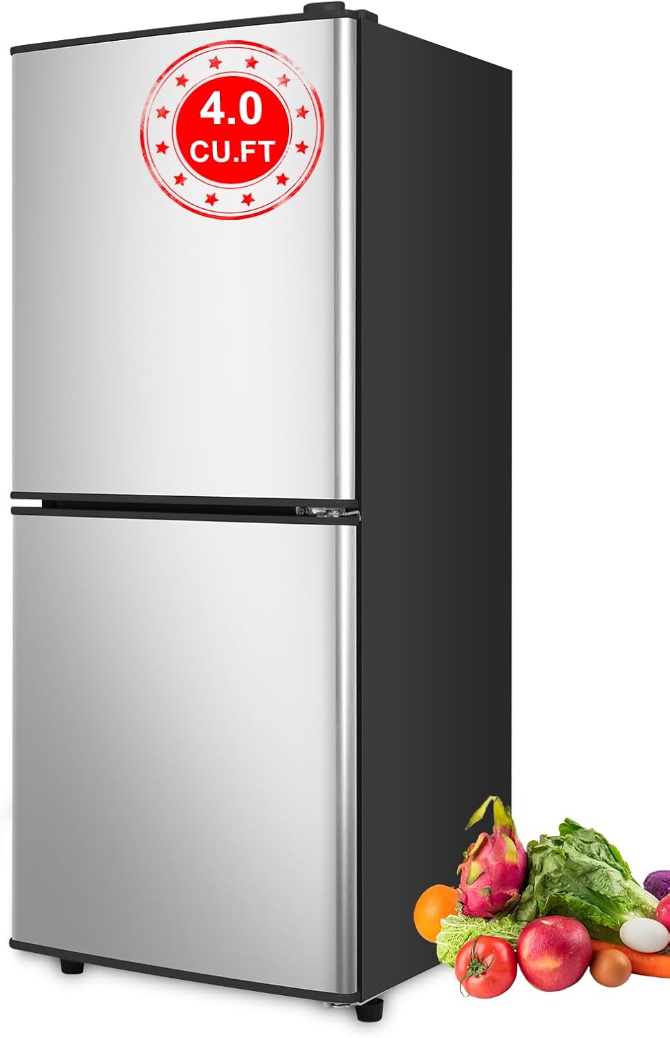 KRIB BLING Refrigerator with Freezer 4.0 Cu.Ft with 7 Level Adjustable Thermostat Control 2 Door Energy Saving Bottom Freezer Compact Refrigerator Silver