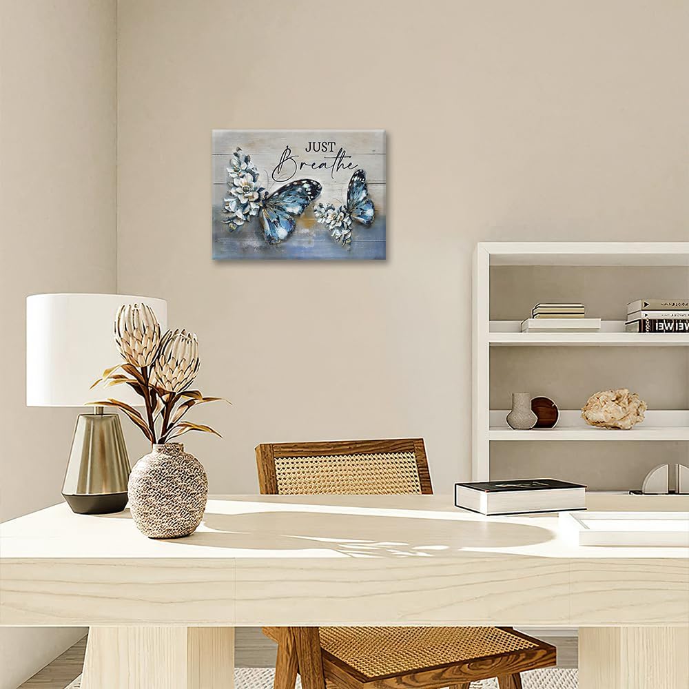 Farmhouse Blue Butterfly Flower Decor Wall Art Vintage Rustic Country Butterfly Just Breathe Pictures Wall Decor Canvas Painting Prints Artwork Home Decorations Framed for Bathroom Bedroom 16"x12" - Image 5