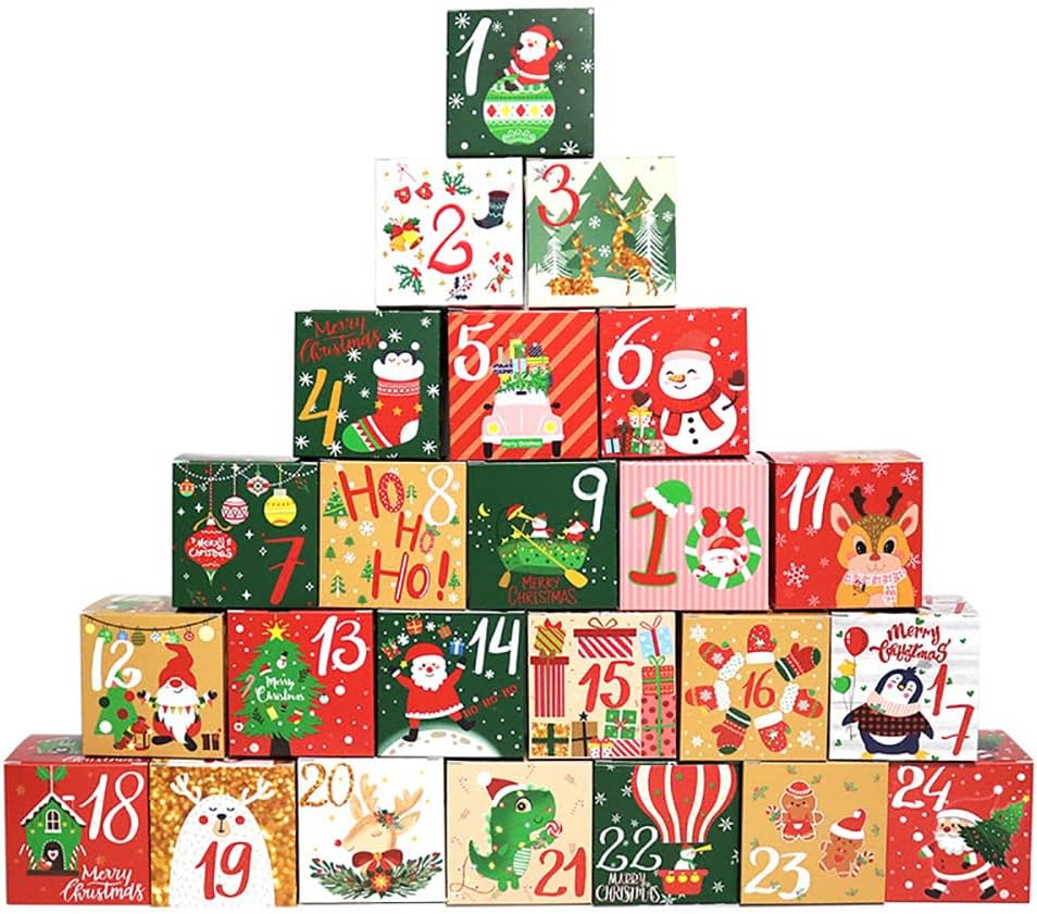 DERANQIIUA Christmas Gift Box, 24 Days Advent Calendar Lvory Board Paper Advent Countdown Gift Boxes for Kids and Family (Cardboard)