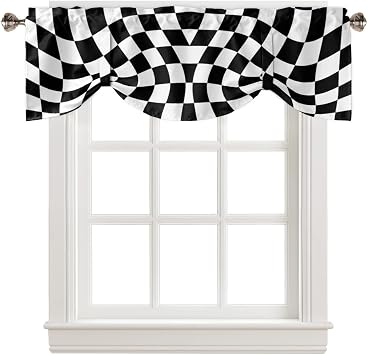 Black White Tie Up Valance for Window, Geometric Checkered Flag Modern Abstract Dizz Adjustable Balloon Window Shade Valance Curtain for Kitchen Cafe Bathroom Window Treatment 1 Panel 42x18