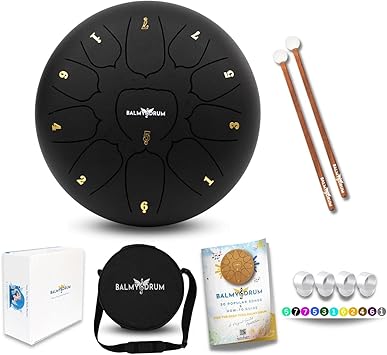 The Balmy Drum - 11 Note 10 Inch Steel Tongue Drum, Steel Drum Instrument, Drums For Children and Adults, Balmy Drum Set for Kids with Music Book, Handpan, Mallet and Carry Bag (Black)