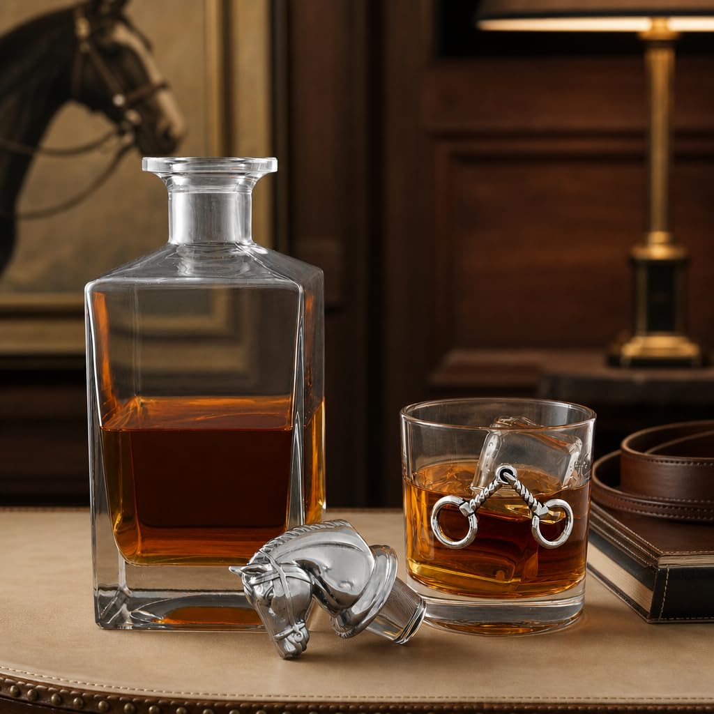 Arthur Court Dekanter-Set für Reitsport mit Whiskygläsern, 750 ml, Glaskaraffe mit Pferdekopf-Stopper, perfekt für Zuhause, Bar oder Männerhöhle