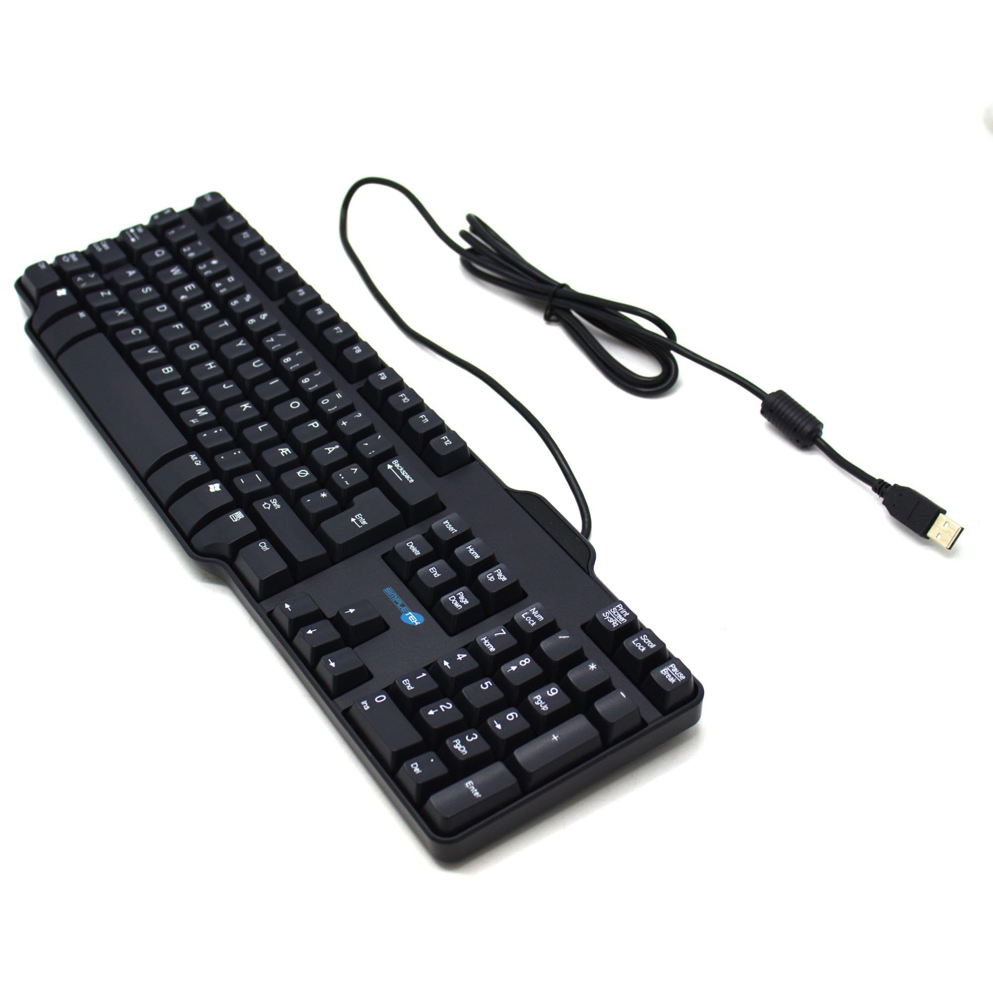 SIMPLETEK - Tastiera USB QWERTY Nordico DK NO SE FI Ergonomica Nera per PC | Tastiera USB cablata con layout QWERTY nordico per Danimarca, Norvegia, Svezia e Finlandia, struttura ergonomica e nera