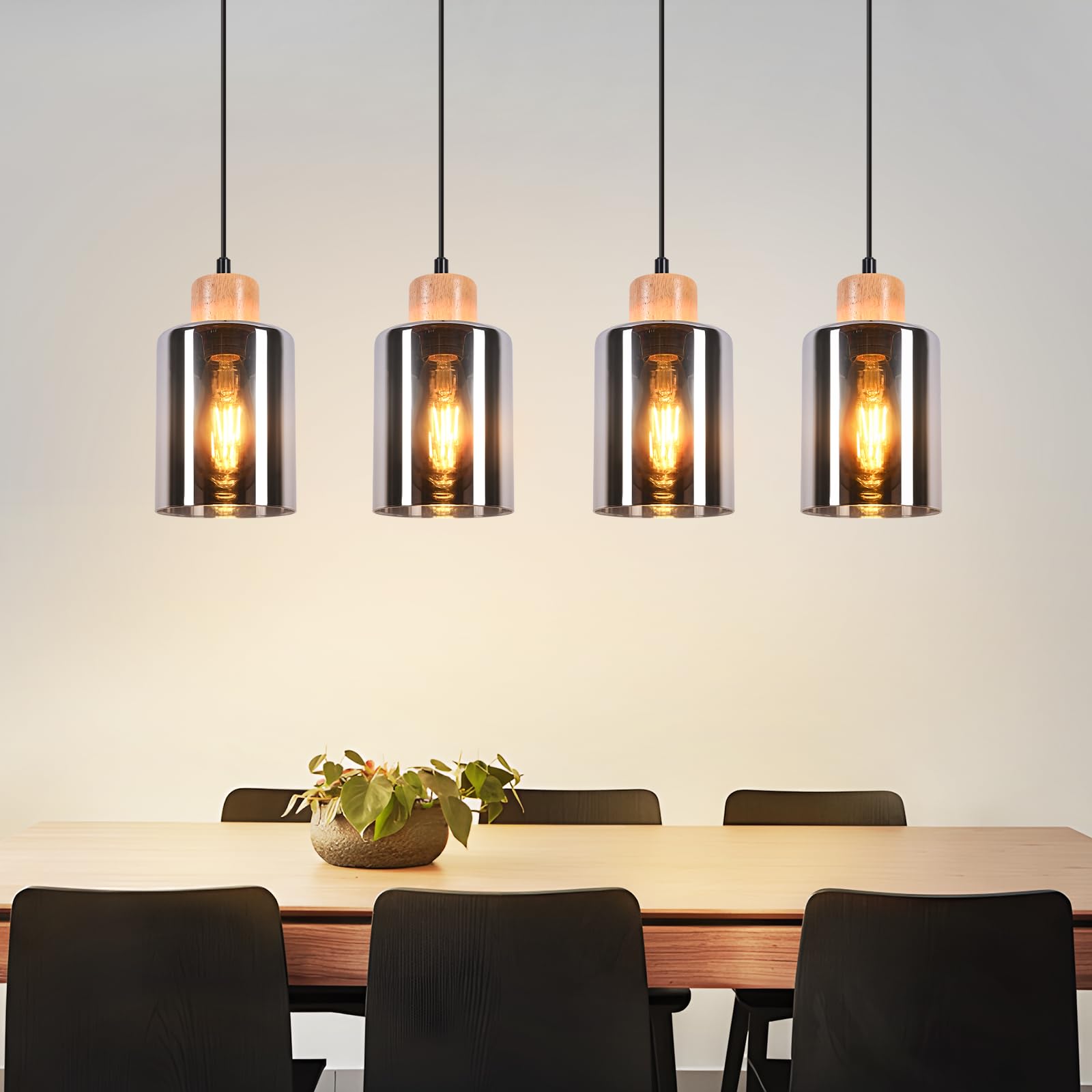 Pendelleuchte esstisch Hängelampe E27: Esstischlampe hängend Holz | Esszimmerlampe 4 flammig retro Vintage Hängeleuchte Rauchglas Pendellampe für Esszimmer Küche - Ohne Leuhctmittel