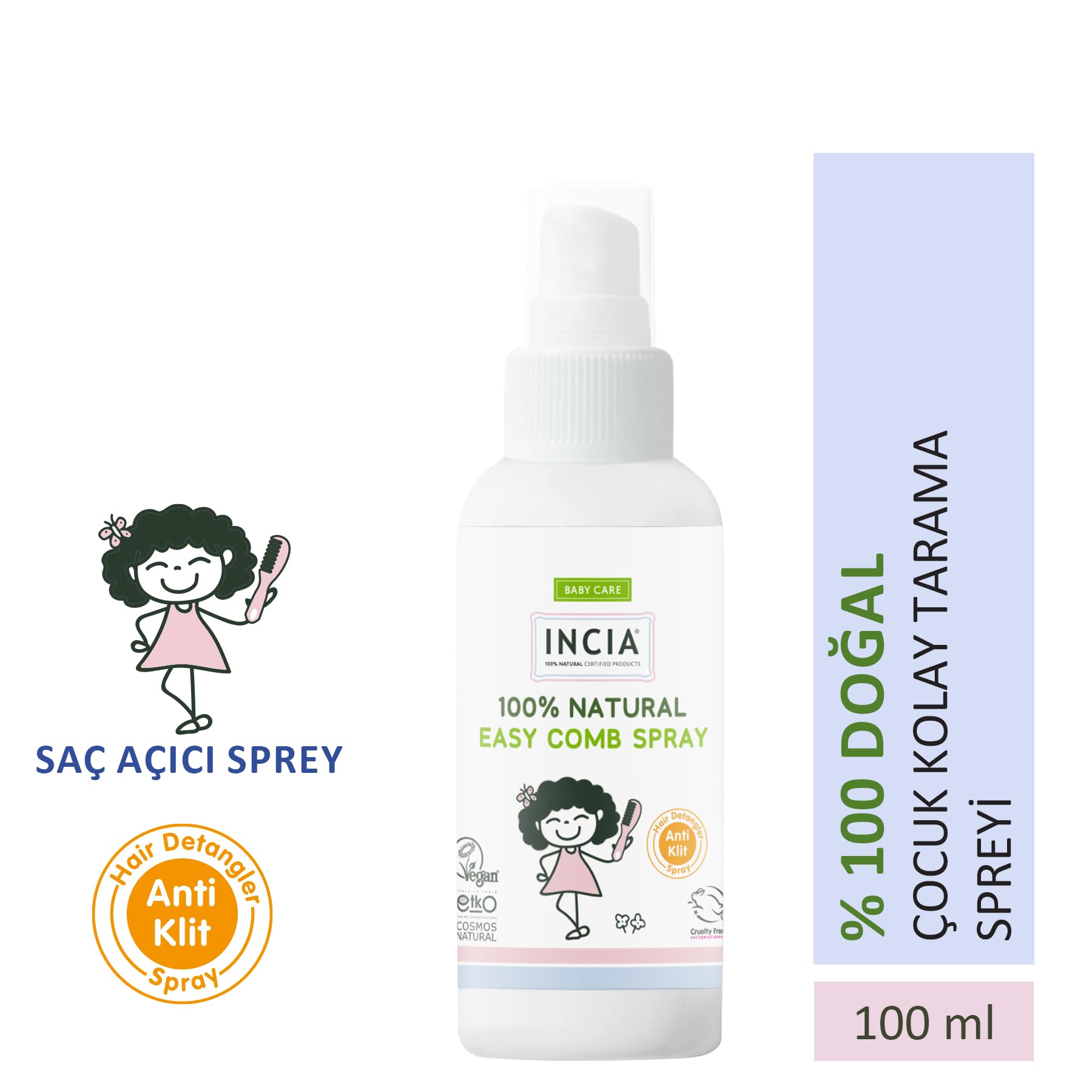 INCIA %100 Doğal Kolay Tarama Spreyi Çocuklar İçin Nemlendirici Parlaklaklaştırıcı Anti Klit 100 ml
