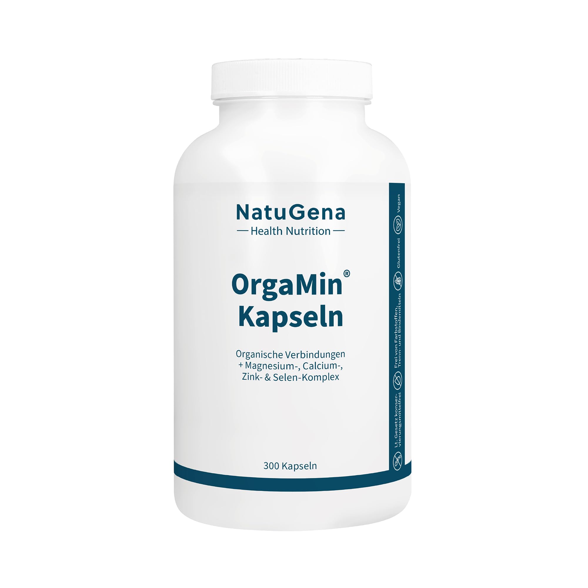 NatuGena OrgaMin Kapseln Säure-Basen-Haushalt, je 450 mg Kalium & Magnesiumcitrat pro Tagesdosis, 14 Mineralstoffe, hoher Magnesiumanteil, Selenkomplex, 300 Kapseln (1 Monats Packung)