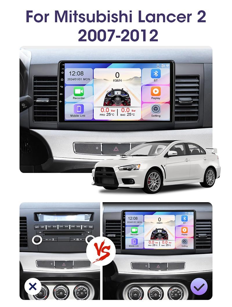 Android 15 2 DIN Car Stereo 9-calowy ekran dotykowy do Mitsubishi Lancer 2 2007-2012 Odtwarzacz MP5 z Bluetooth CarPlay i Android Auto/Radio FM AM RDS/Sterowanie z kierownicy