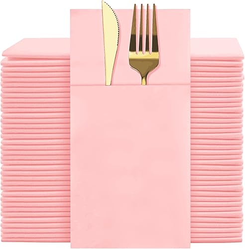 Servilletas desechables de color rosa, paquete de 50 servilletas de papel de tacto de lino con bolsillo integrado para cubiertos, tela preplegada disponible en Yaxa Guatemala